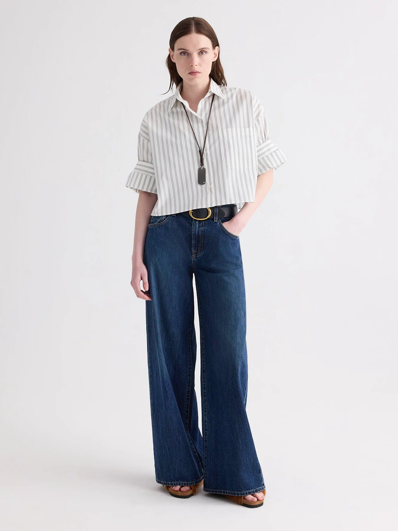 Next Ex Shirt Mixed Hairline Stripe Cotton - Full Length Front On Model | TWP Clothing