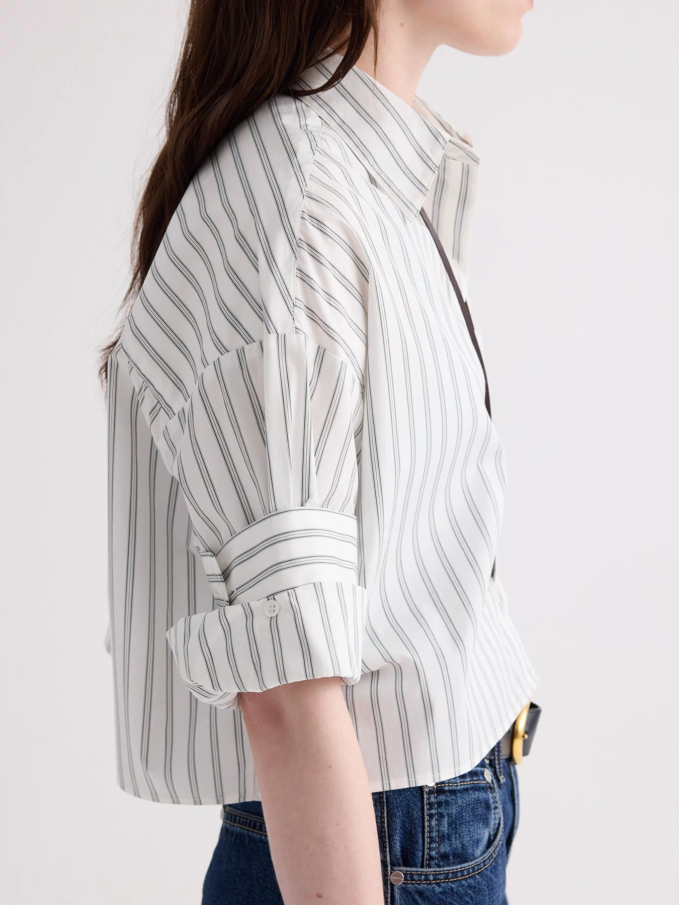 White Green Stripe Cropped Button-Down - Double Roll Cuff Side Detail On Model | TWP Clothing