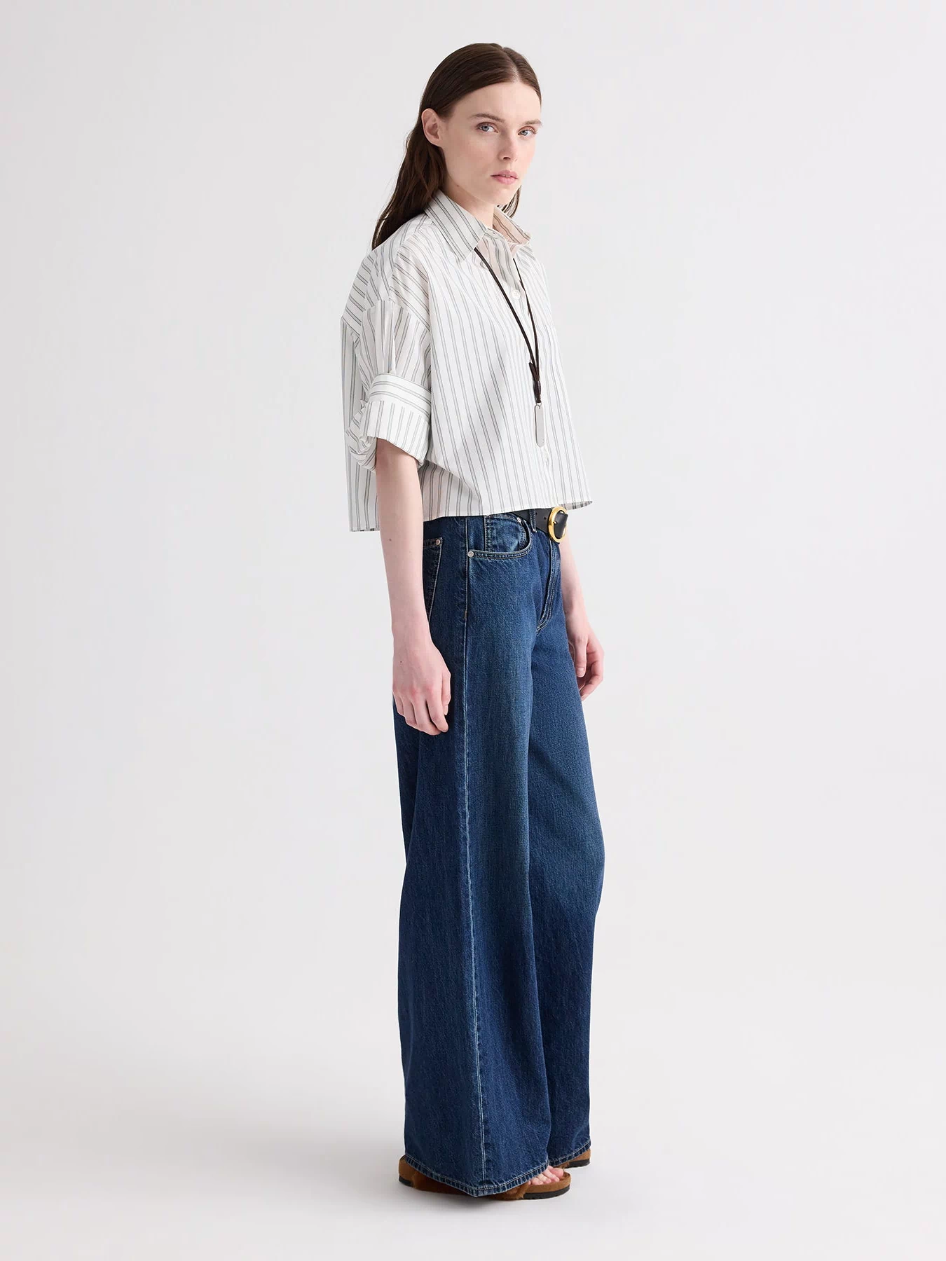 Next Ex Shirt Hairline Stripe Lightweight Cotton - Three-Quarter Side View On Model | TWP Clothing