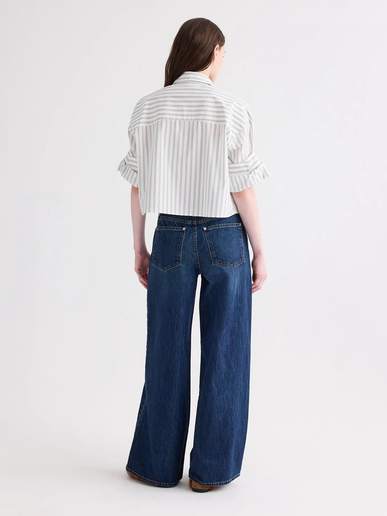 White Green Stripe Boxy Cropped Cotton Shirt - Back View On Model | TWP Clothing