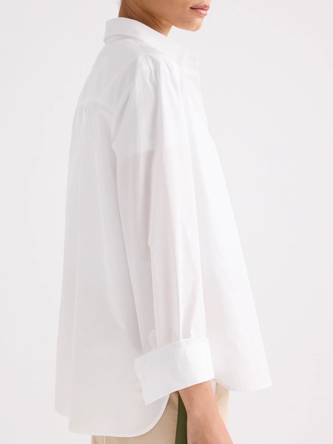White Superfine Cotton Oversized Shirt - Side Profile, Single Roll Cuff Detail | TWP Clothing