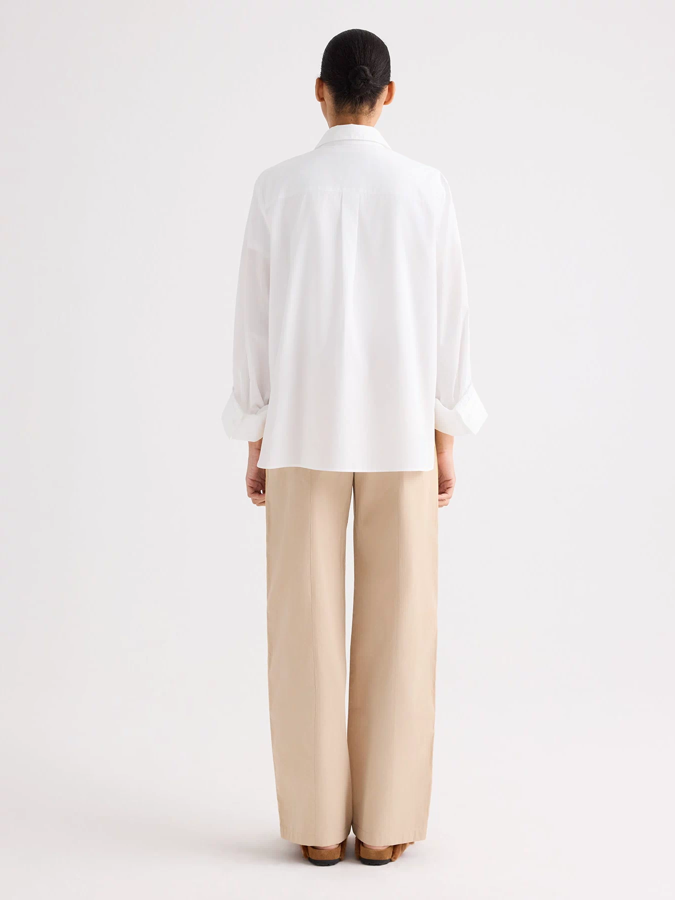 White Superfine Cotton Shirt - Back View, Center Box Pleat Detail | TWP Clothing