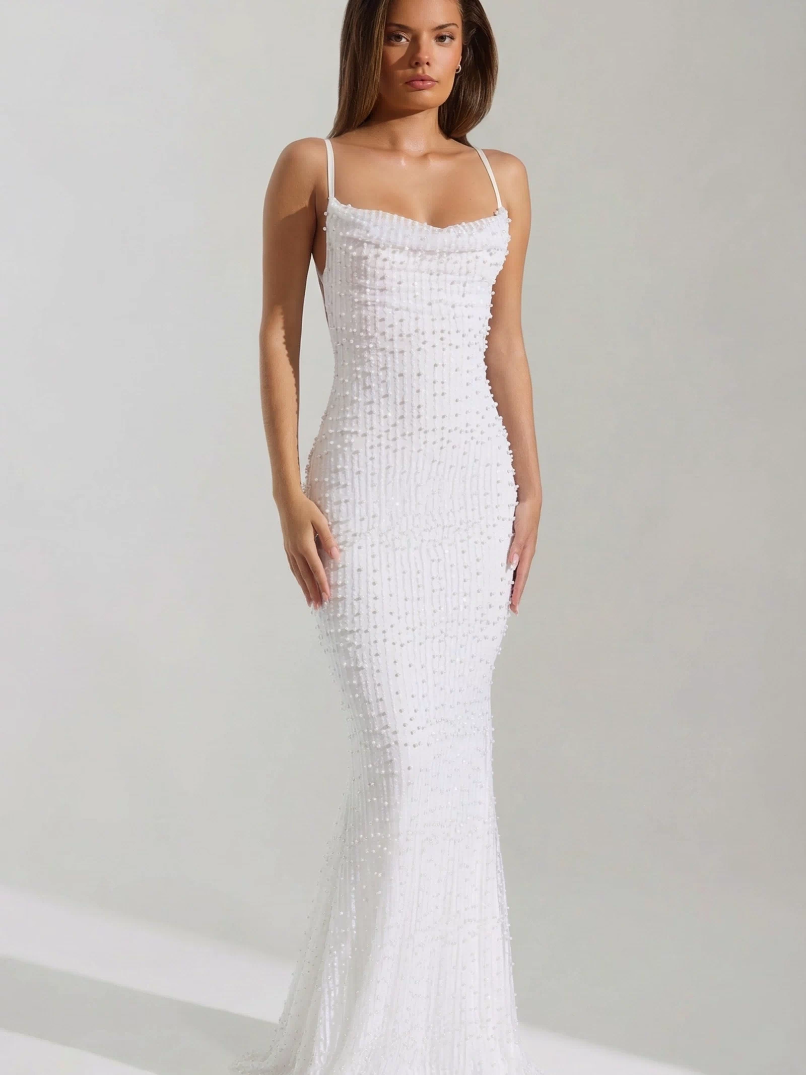 Embellished Cowl-Neck Backless Maxi Dress in White