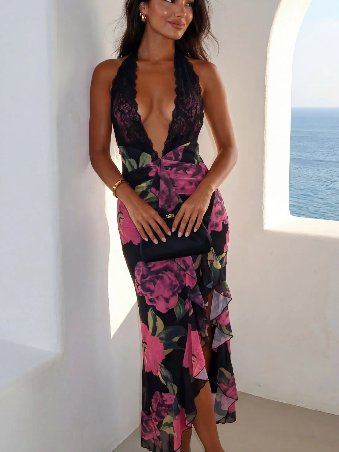 Noiréva Lace Halter Floral Maxi Dress in Black Multi back view on model