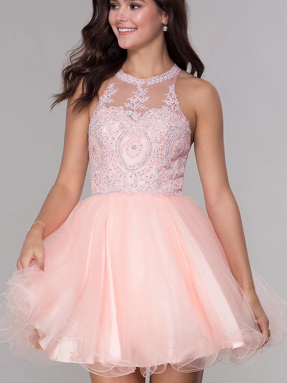 Narianna-Short Babydoll Homecoming Dress with Beading