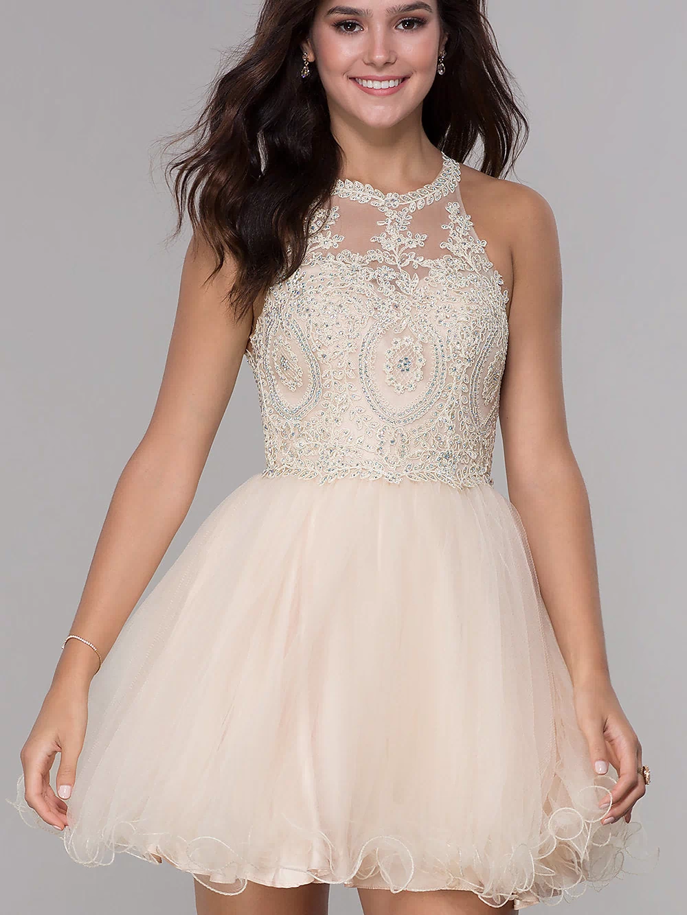 Narianna-Short Babydoll Homecoming Dress with Beading