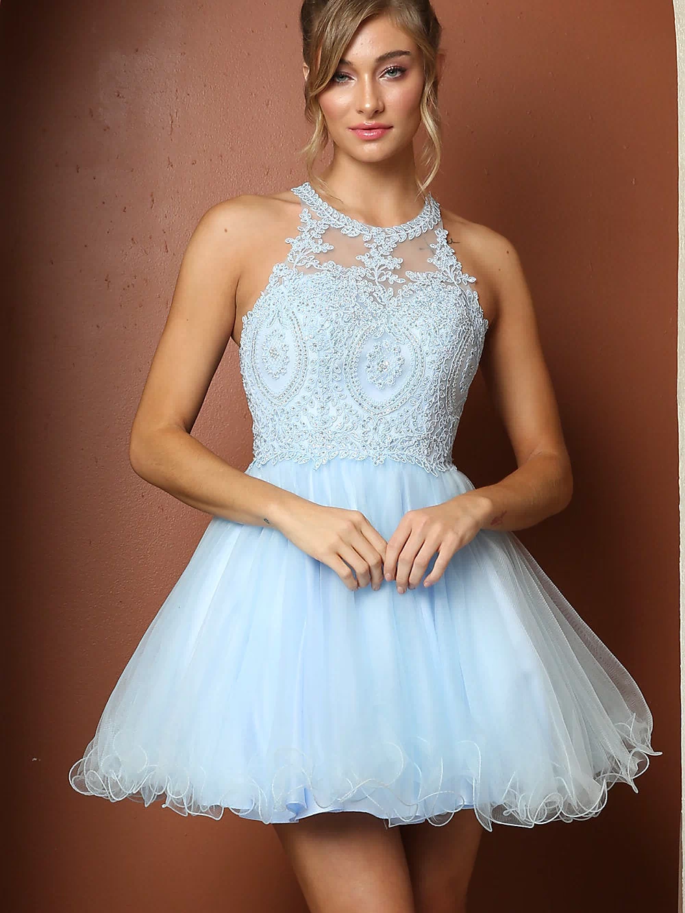 Narianna-Short Babydoll Homecoming Dress with Beading