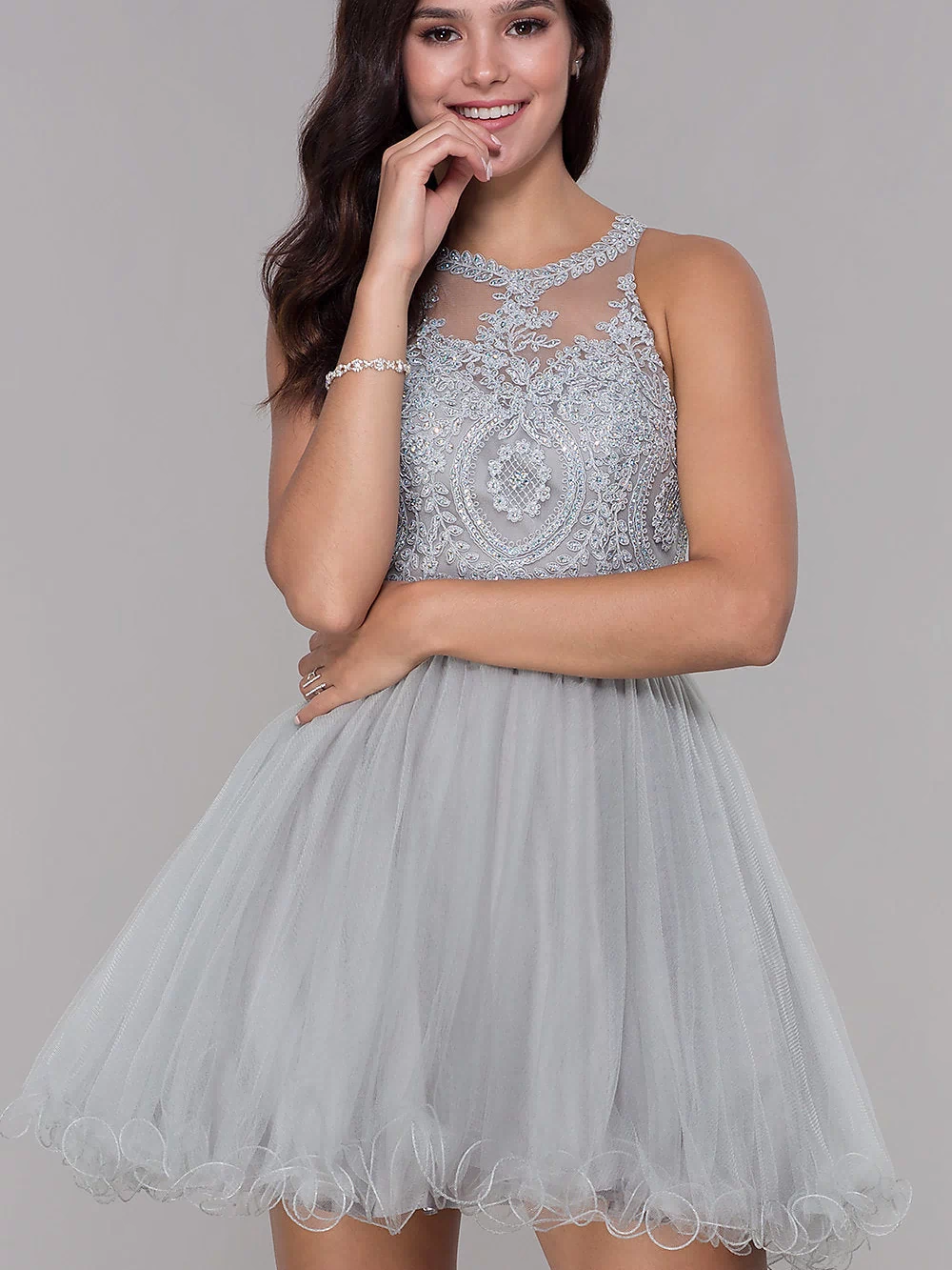 Narianna-Short Babydoll Homecoming Dress with Beading