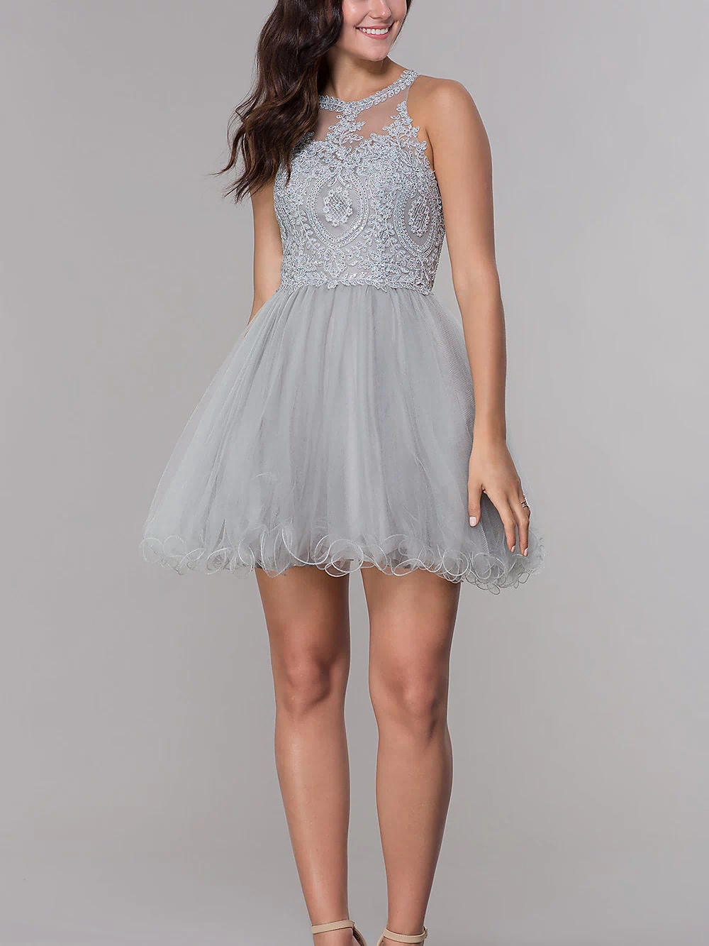 Narianna-Short Babydoll Homecoming Dress with Beading