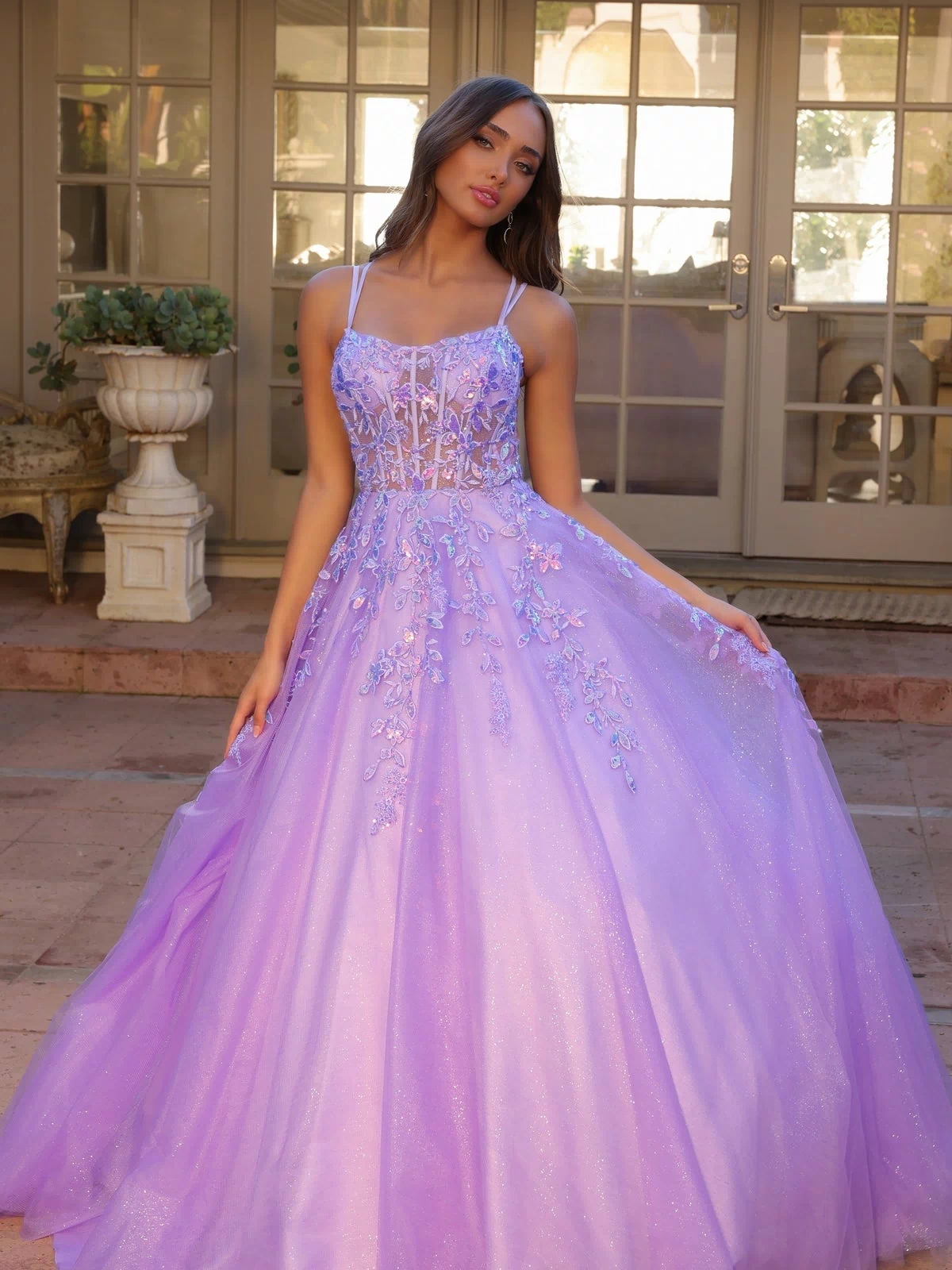 Glitter-Tulle Long Prom Ball Gown H1271