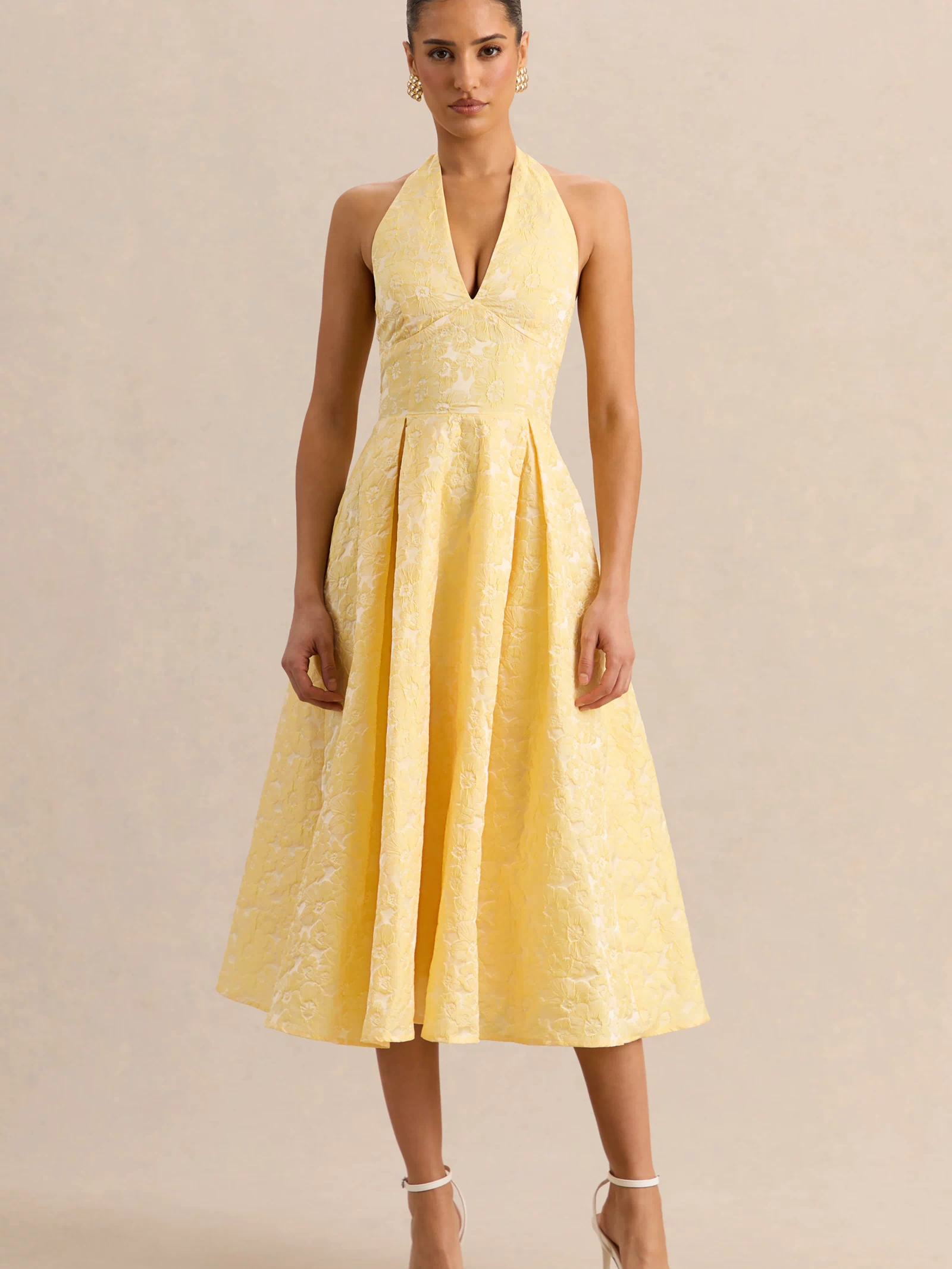 Nyomi | Lemon Satin Halter-Neck Midi-Dress