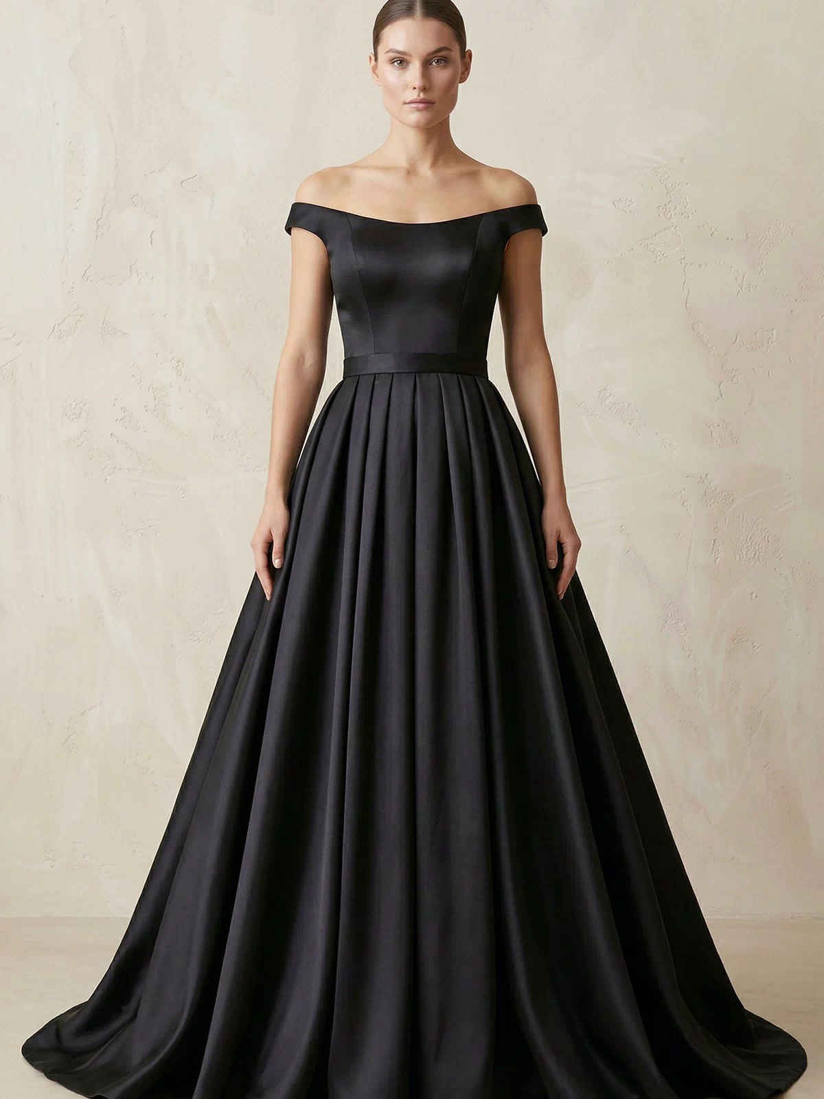 Off-the-Shoulder Boat Neck Satin A-Line Wedding Dress in Black