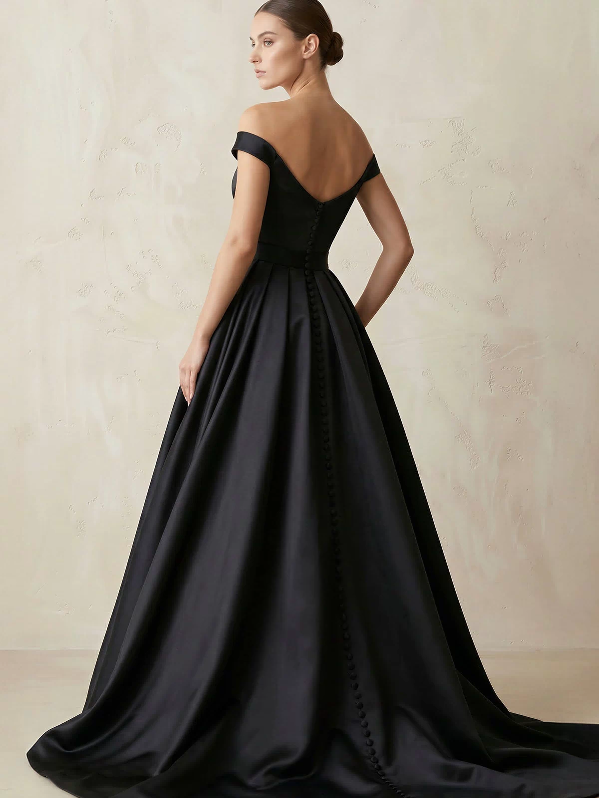 Off - the - Shoulder Boat Neck Satin A - Line Wedding Dress in Black - KissProm Wedding Dresses
