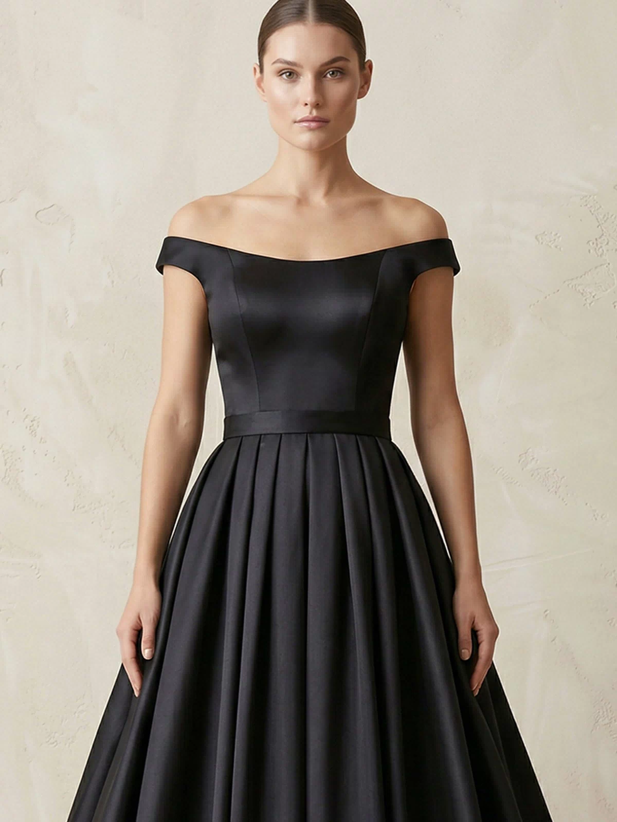 Off - the - Shoulder Boat Neck Satin A - Line Wedding Dress in Black - KissProm Wedding Dresses