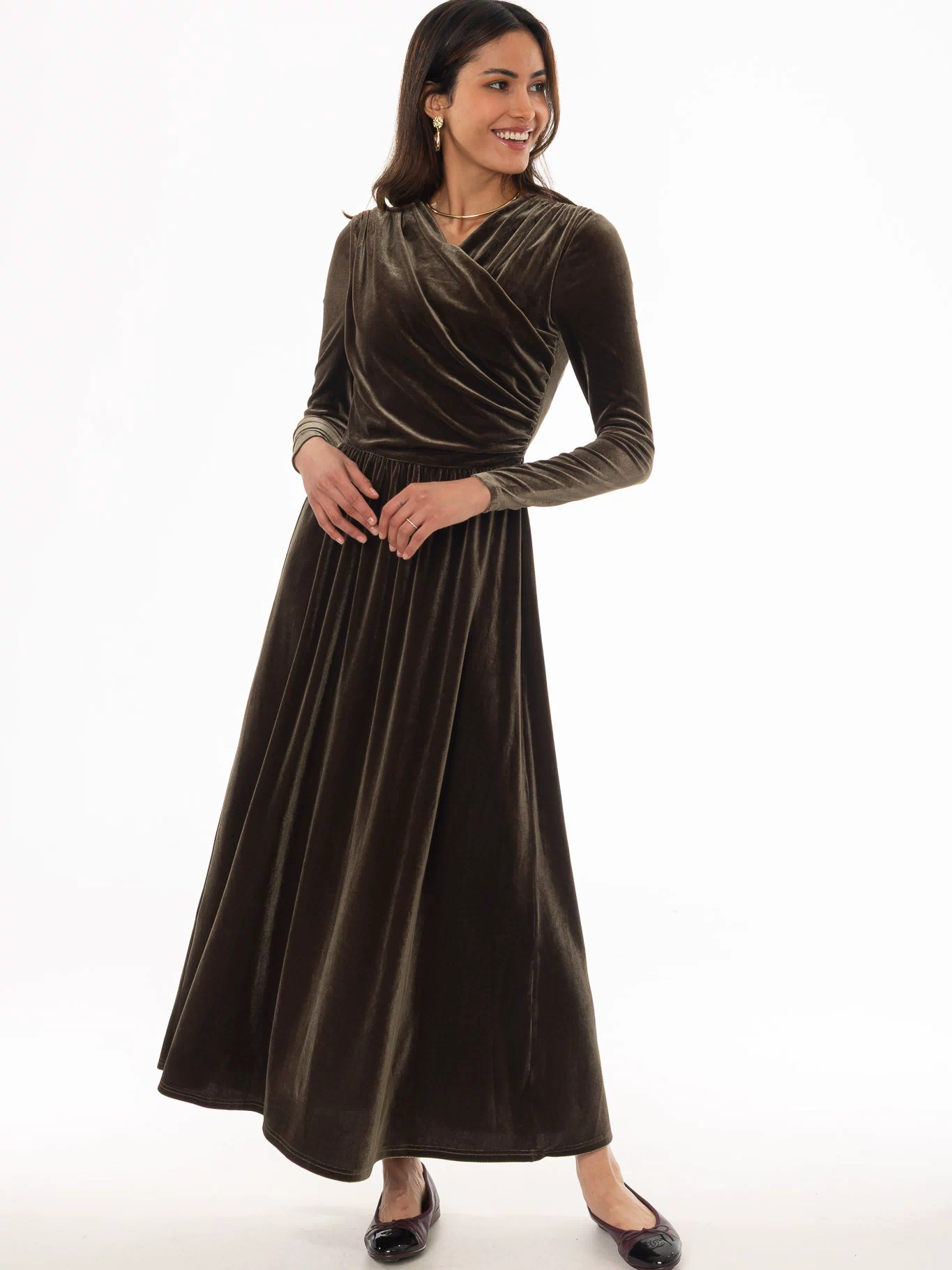 Olive Draped Velour Maxi Dress