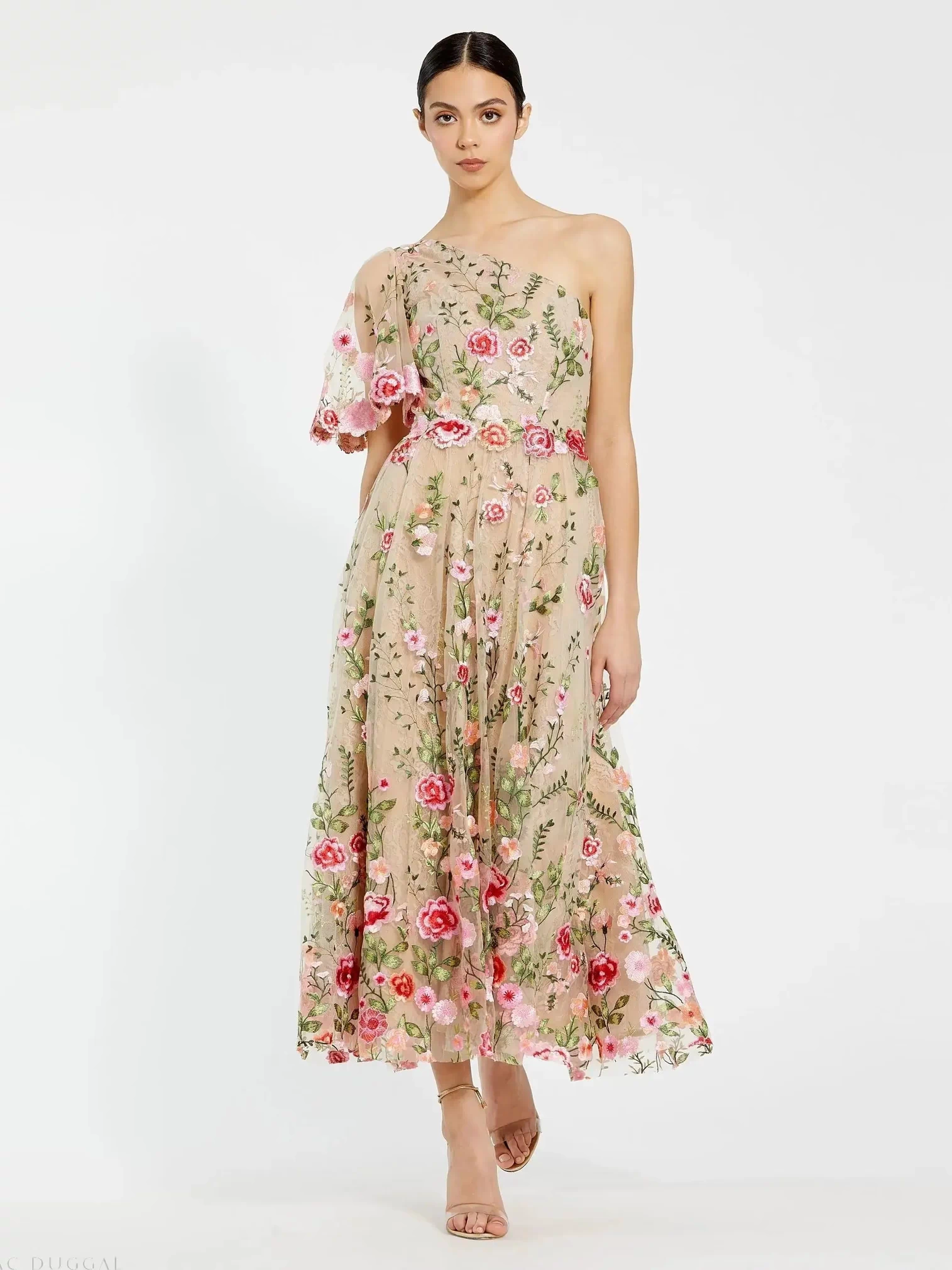 Pink One Shoulder Lace Embroidered Dress