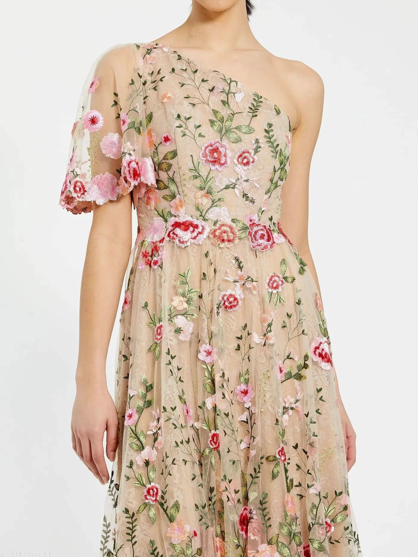 Pink One Shoulder Lace Embroidered Dress - Mac Duggal