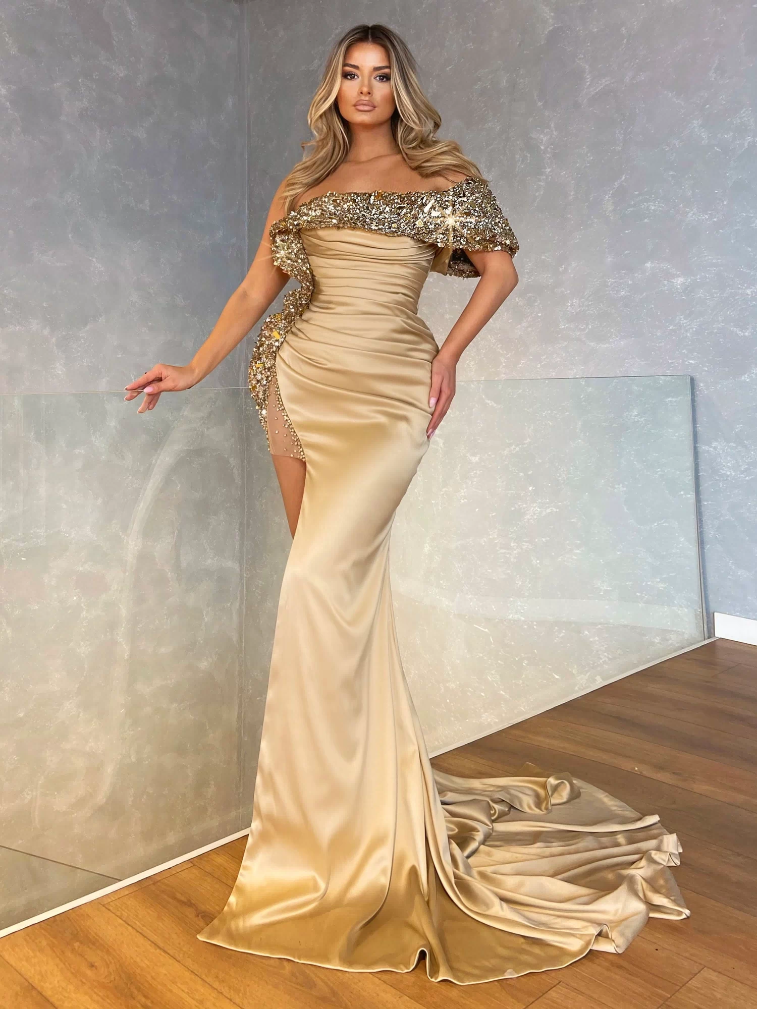 One Shoulder Satin Cream Evening Dress