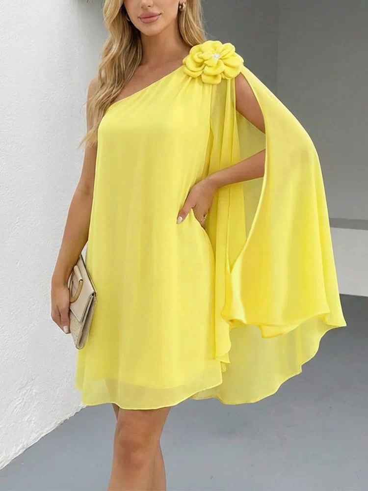3D Flower Decor One Shoulder Sleeveless Mini Dress Casual A Line Vacation Dress