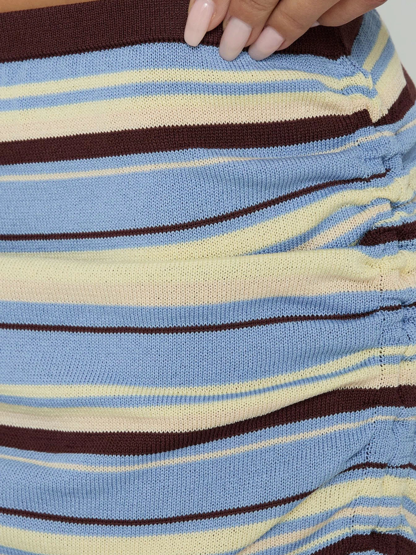 Displaying the Osamie Knit Drawstring Maxi Skirt Multi Stripe in womens-skirts with ruched details and fitted silhouette Princess Polly