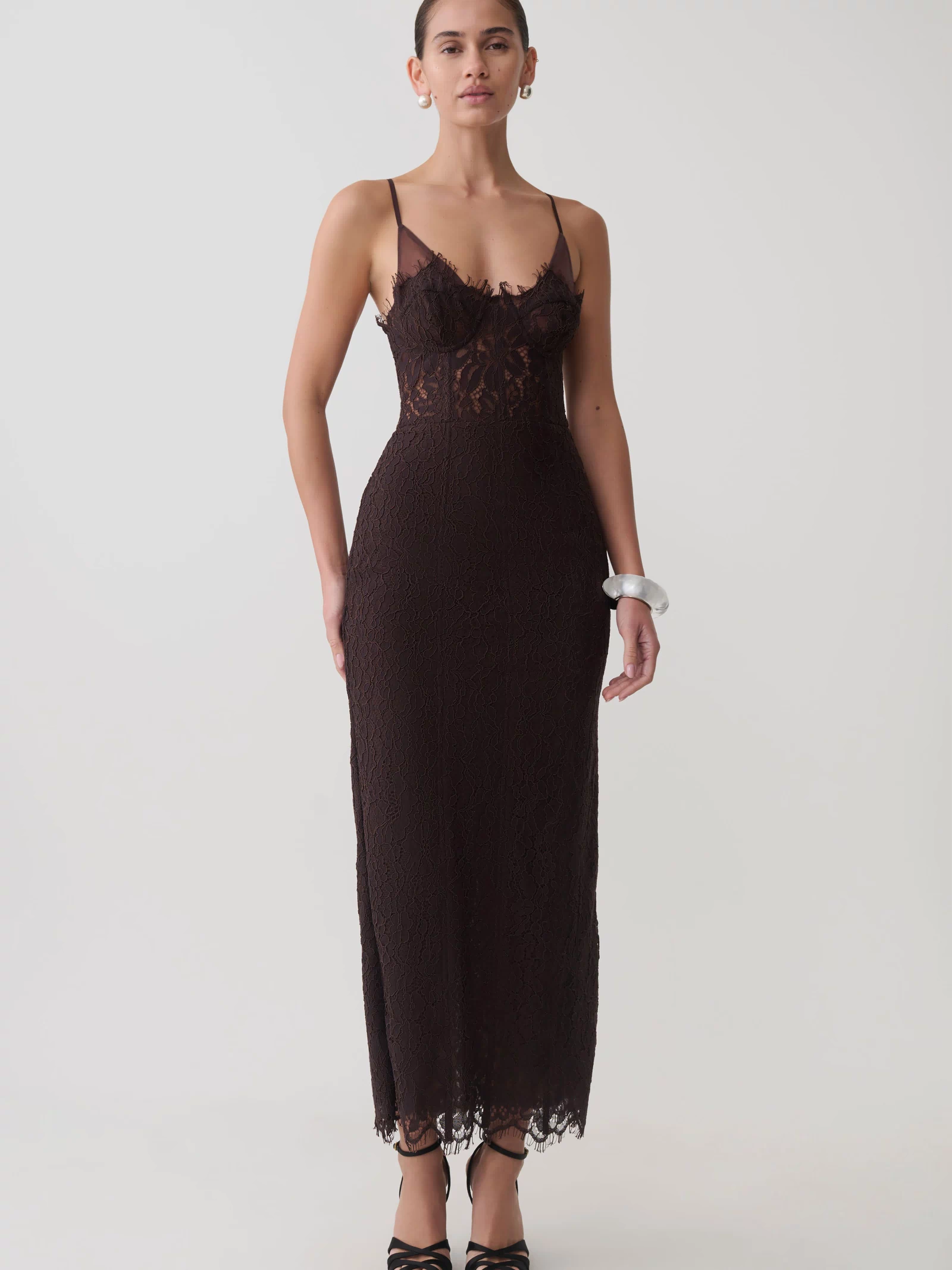 Ottilie Lace And Mesh Midi Dress - Dark Chocolate
