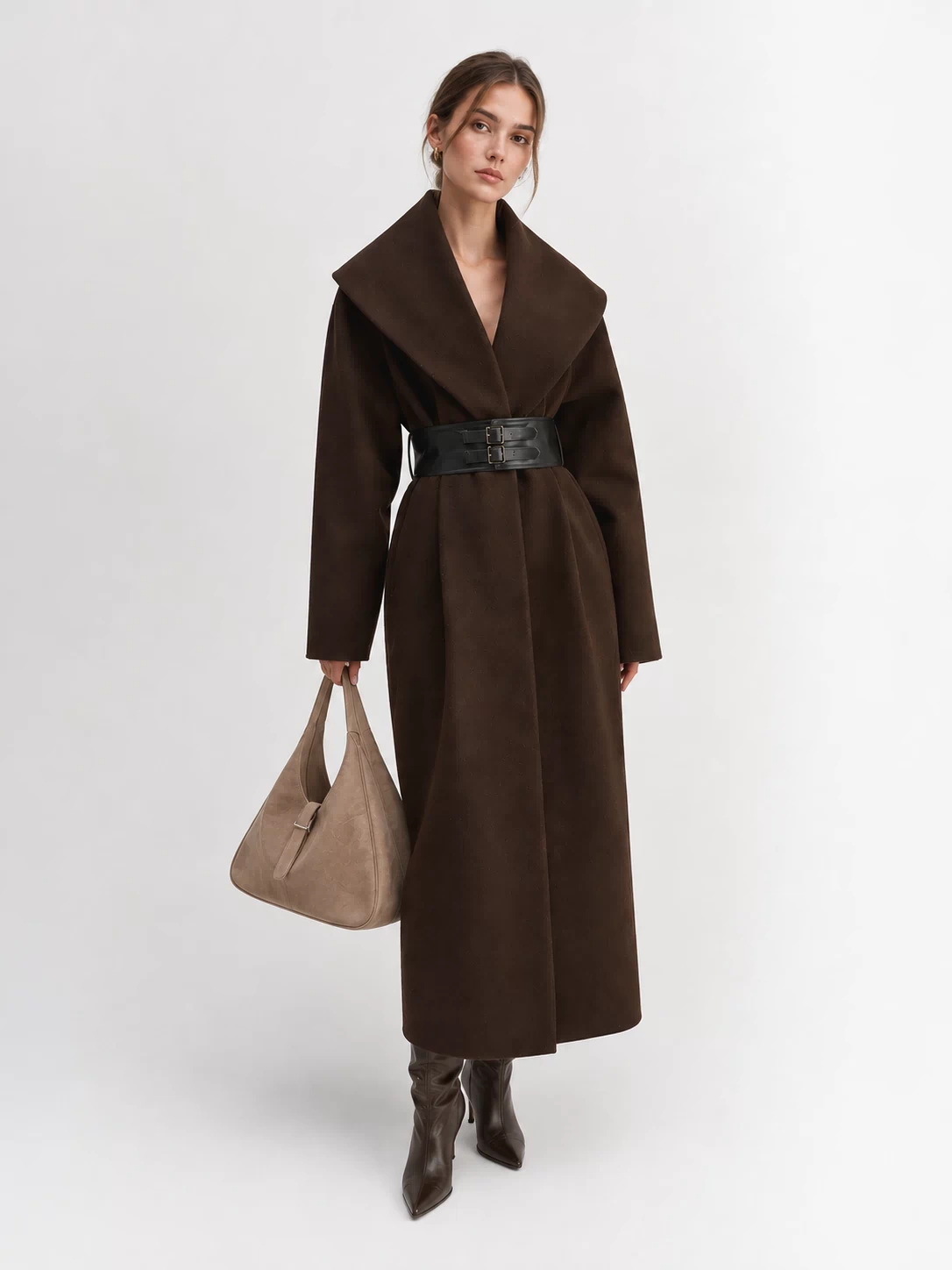 Oversized Collar Tweed Long Coat with Wide Belt