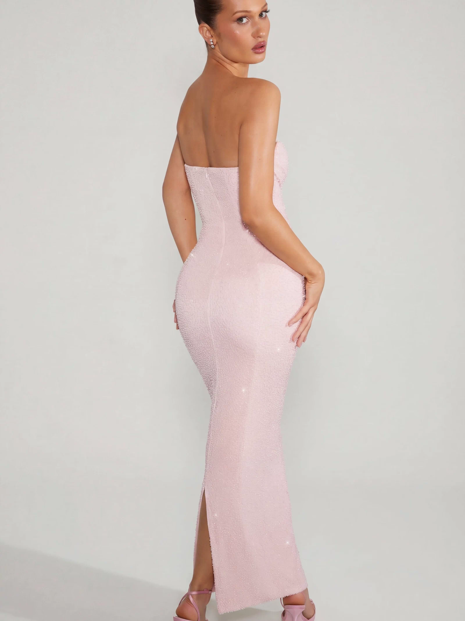 Oh Polly's Megi wearing the Palermo Maxi Dress in Blush Embellished fabric perfect for summer weddings