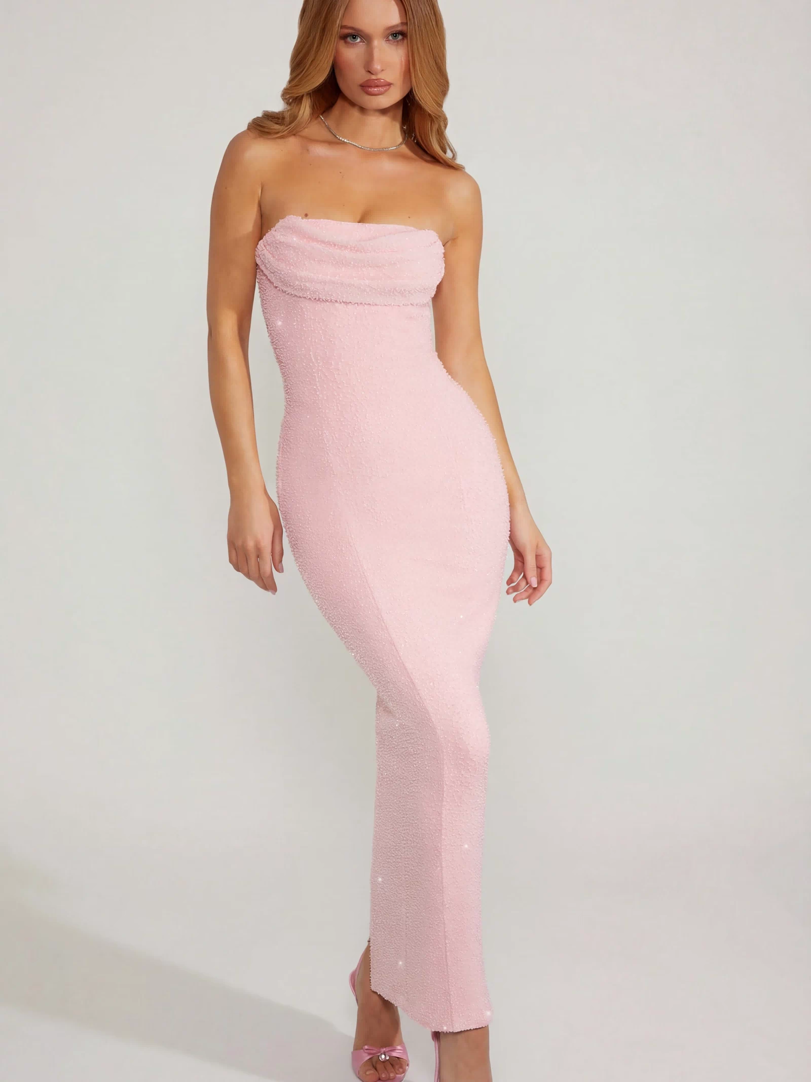 Oh Polly's Megi wearing the Palermo Maxi Dress in Blush Embellished fabric perfect for evening galas