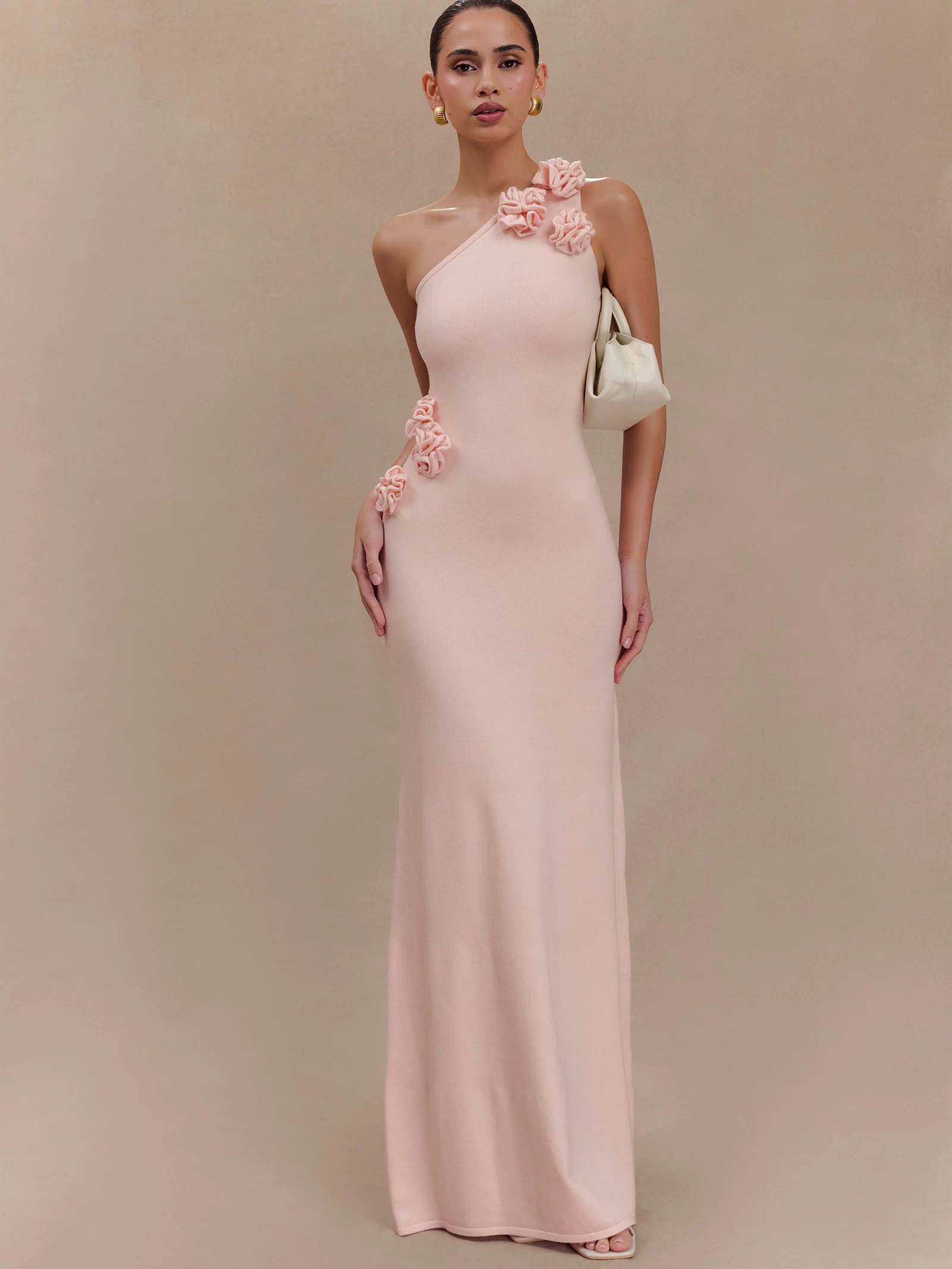 Paloma One Shoulder Knit Maxi Dress With Flowers - Baby Pink