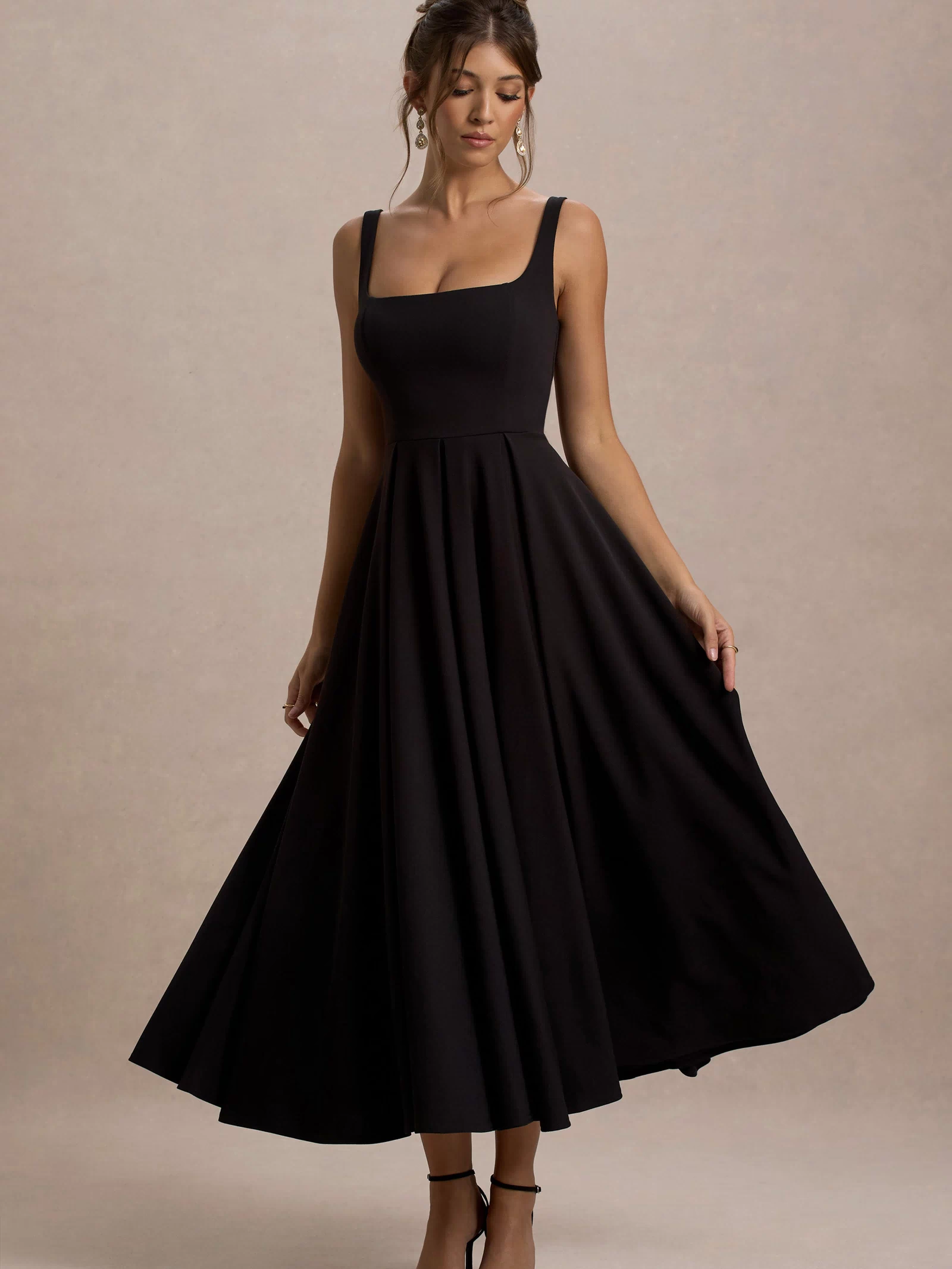 Parina | Black Scuba Square Neck A-Line Midi Dress