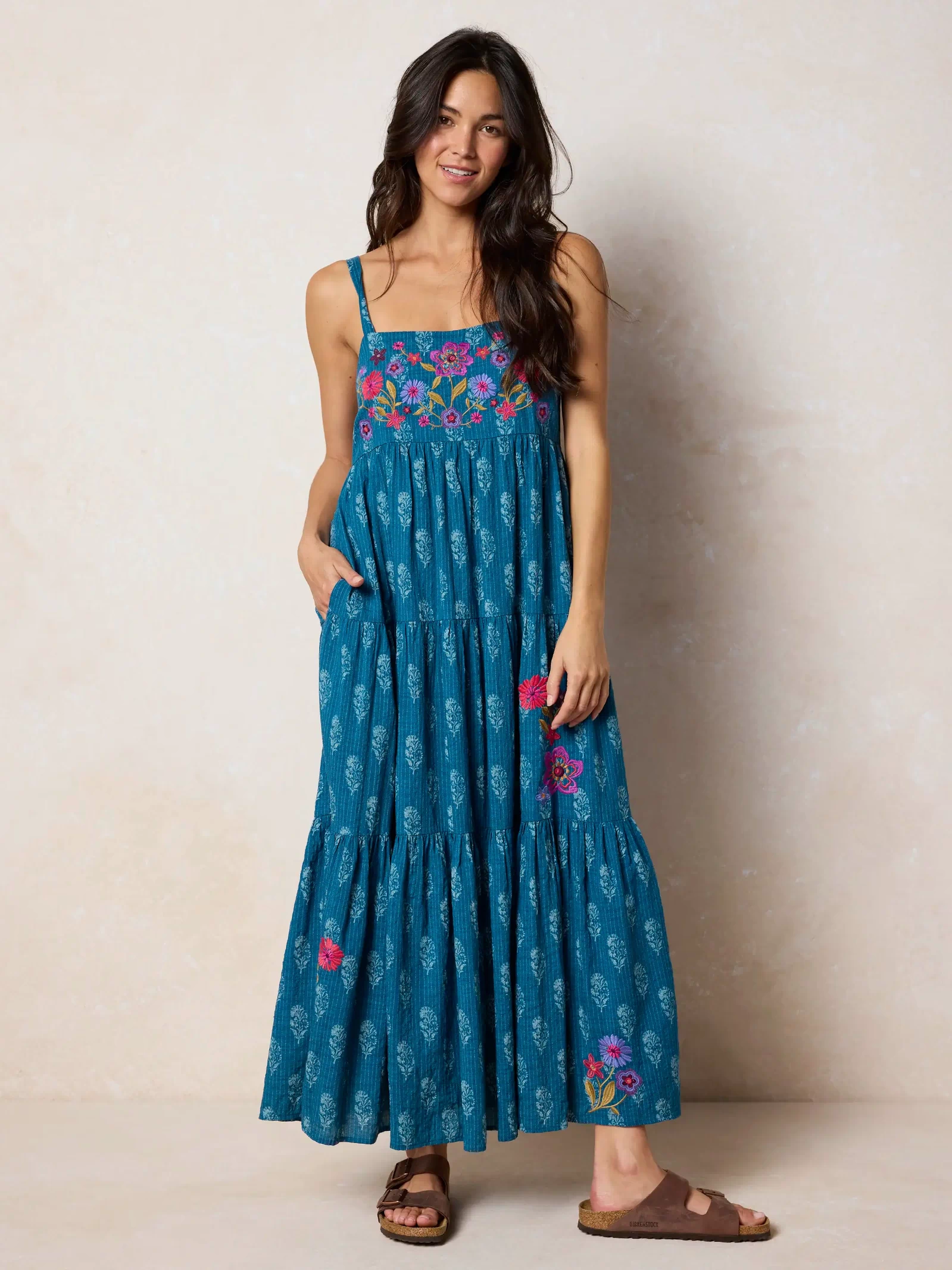 Patricia Embroidered Maxi Dress - Block Stamp Indigo-view 5
