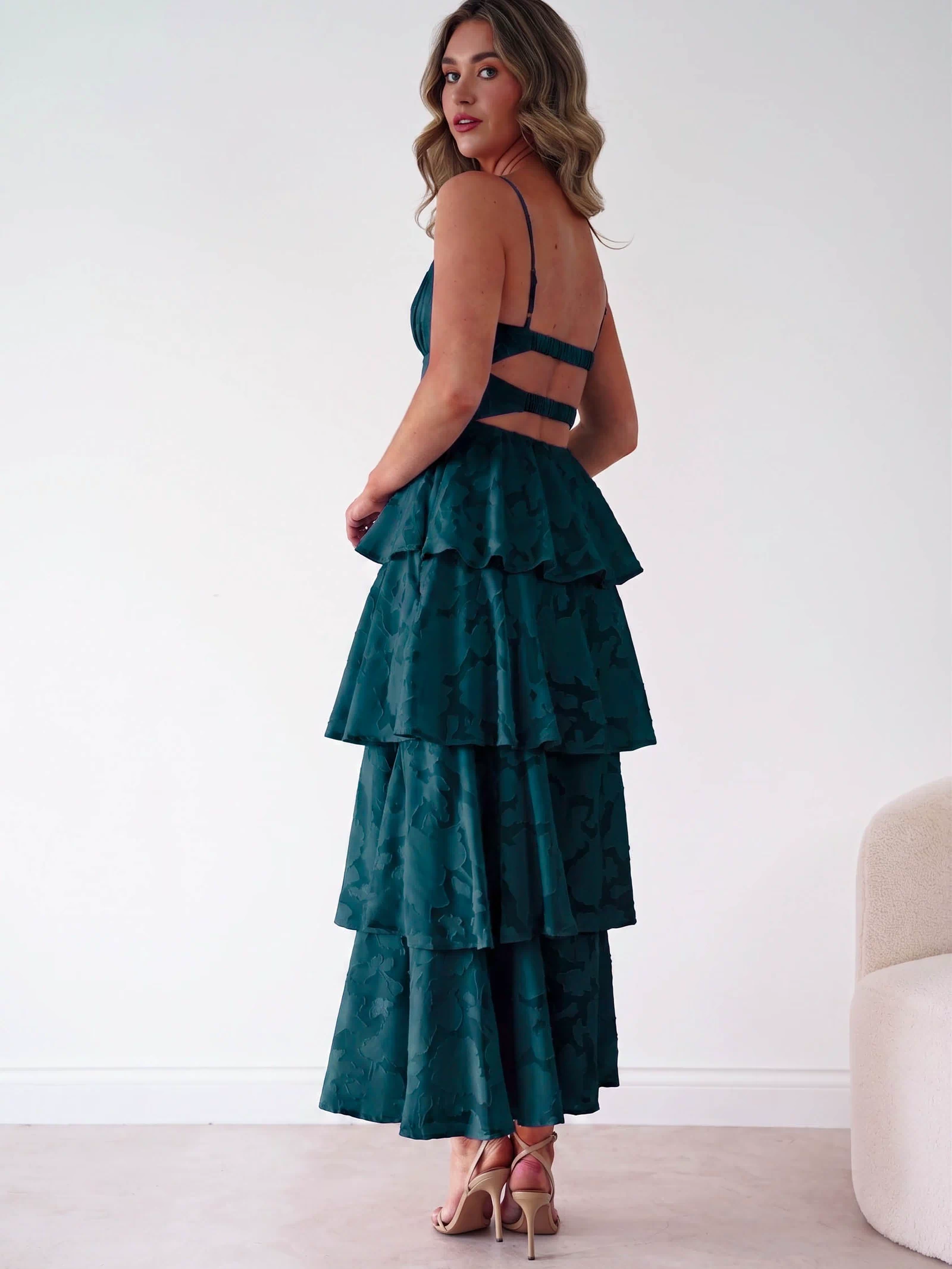 Patsy Floral Jacquard Tiered Maxi Dress | Green