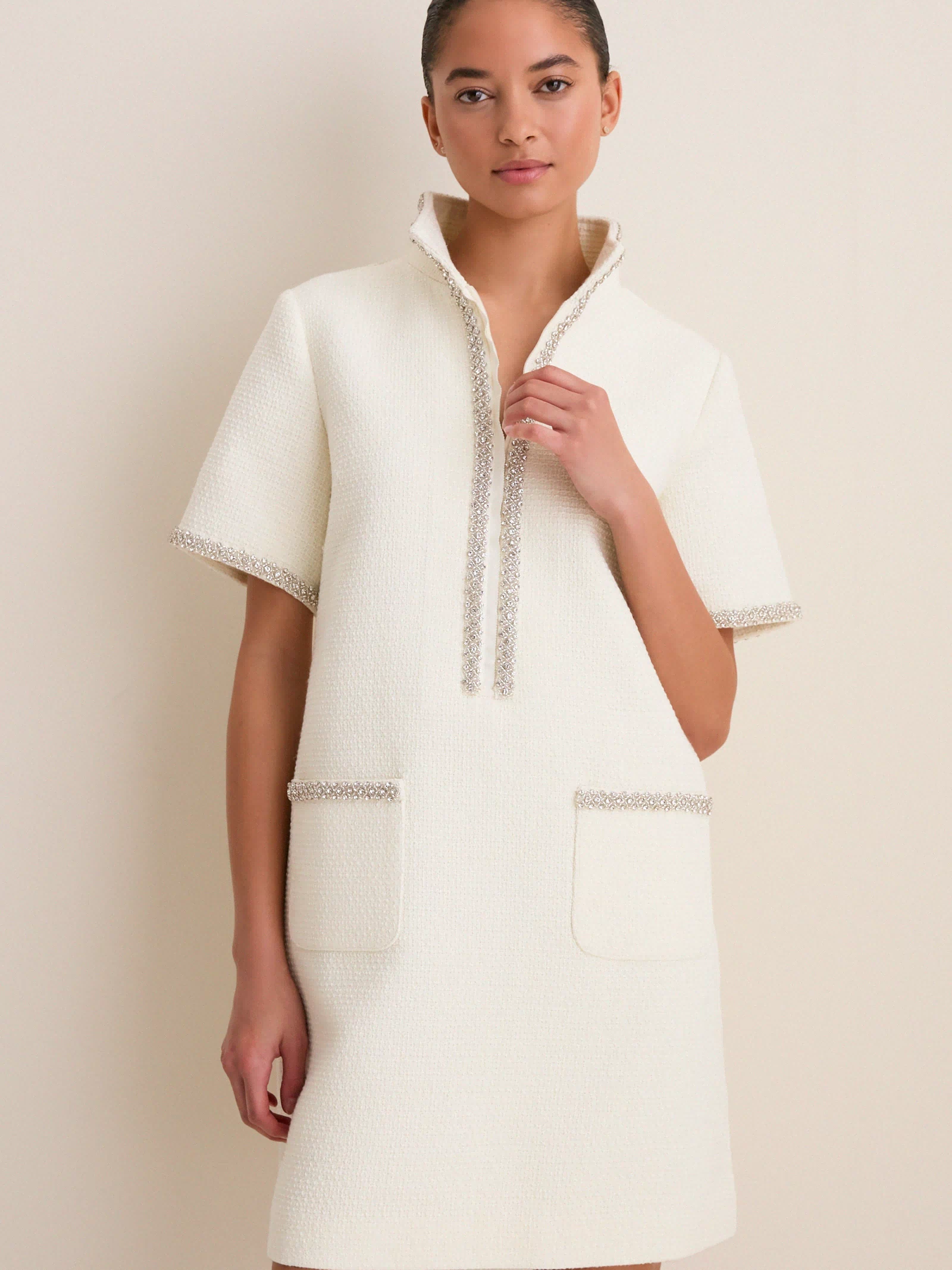 Pearl White Tweed Embellished Ophelia Dress