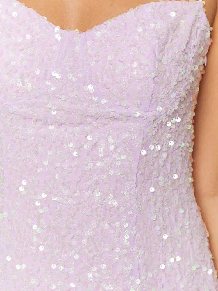 Close-up of the purple sequin bodice with a sweetheart neckline and iridescent sequin texture