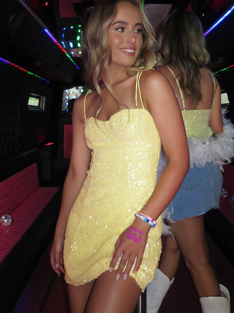 Beginning Boutique Penny Lane Yellow Sequin Mini Dress yellow sequin sweetheart neckline thin spaghetti straps bodycon mini dress