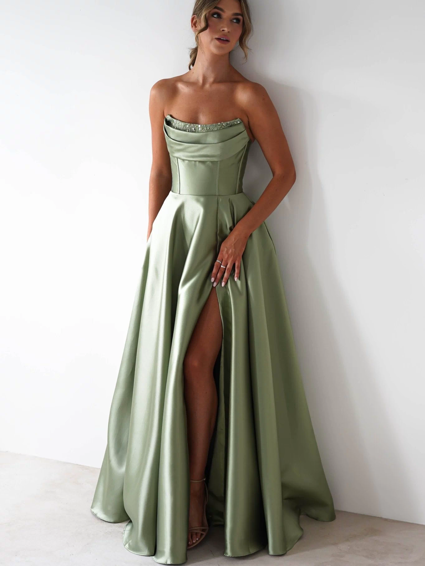 Pepper Strapless A-Line Maxi Gown | Sage
