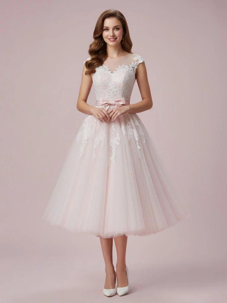 Pearl Pink Retro Tea Length Wedding Dress ROSALIE