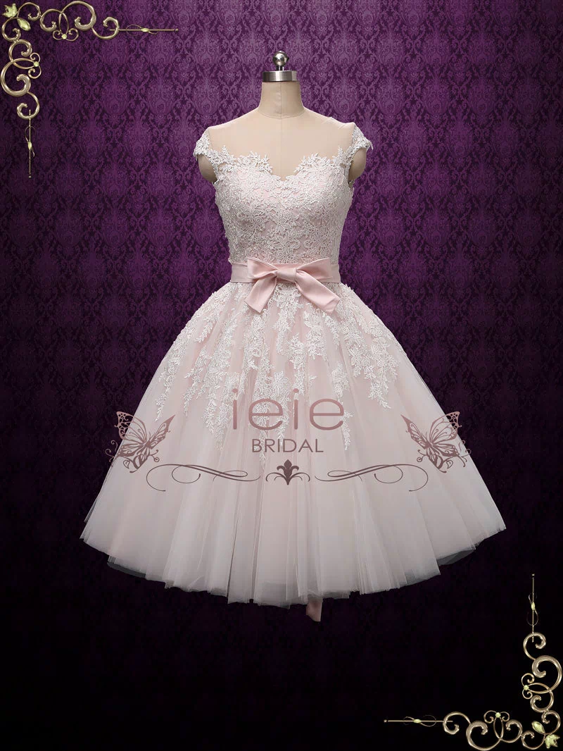 Pearl Pink Retro Tea Length Wedding Dress ROSALIE