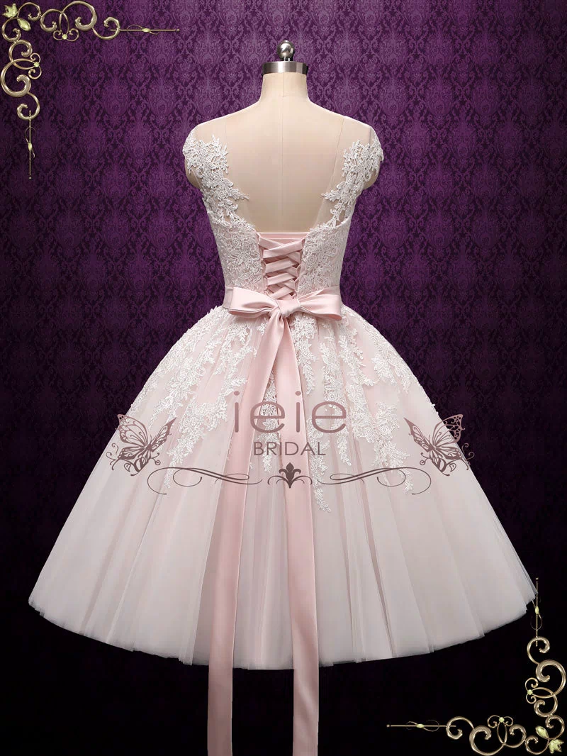 Pearl Pink Retro Tea Length Wedding Dress ROSALIE