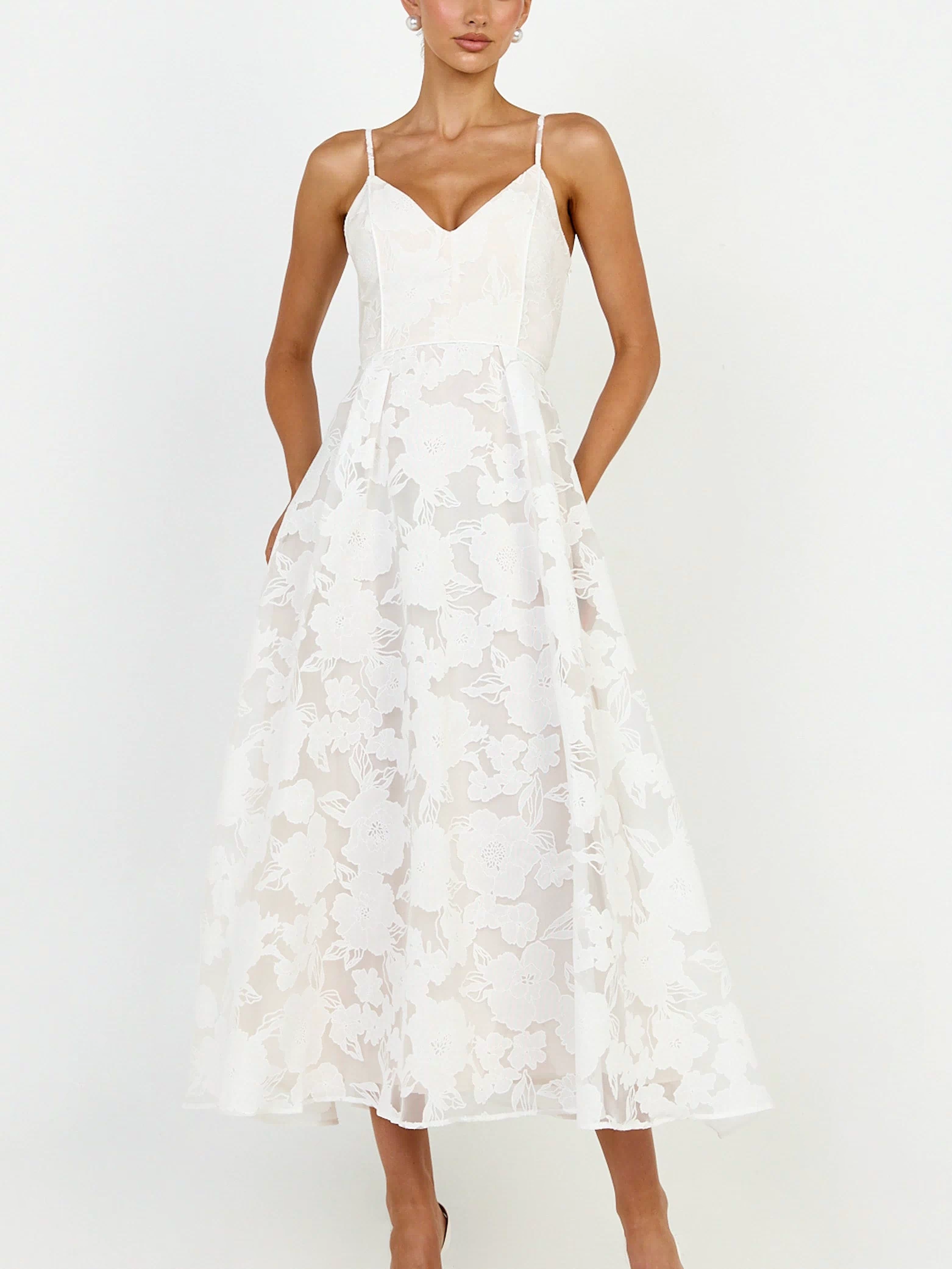 Philine Midi Dress - Jacquard Plunge Fit and Flare Dress in White