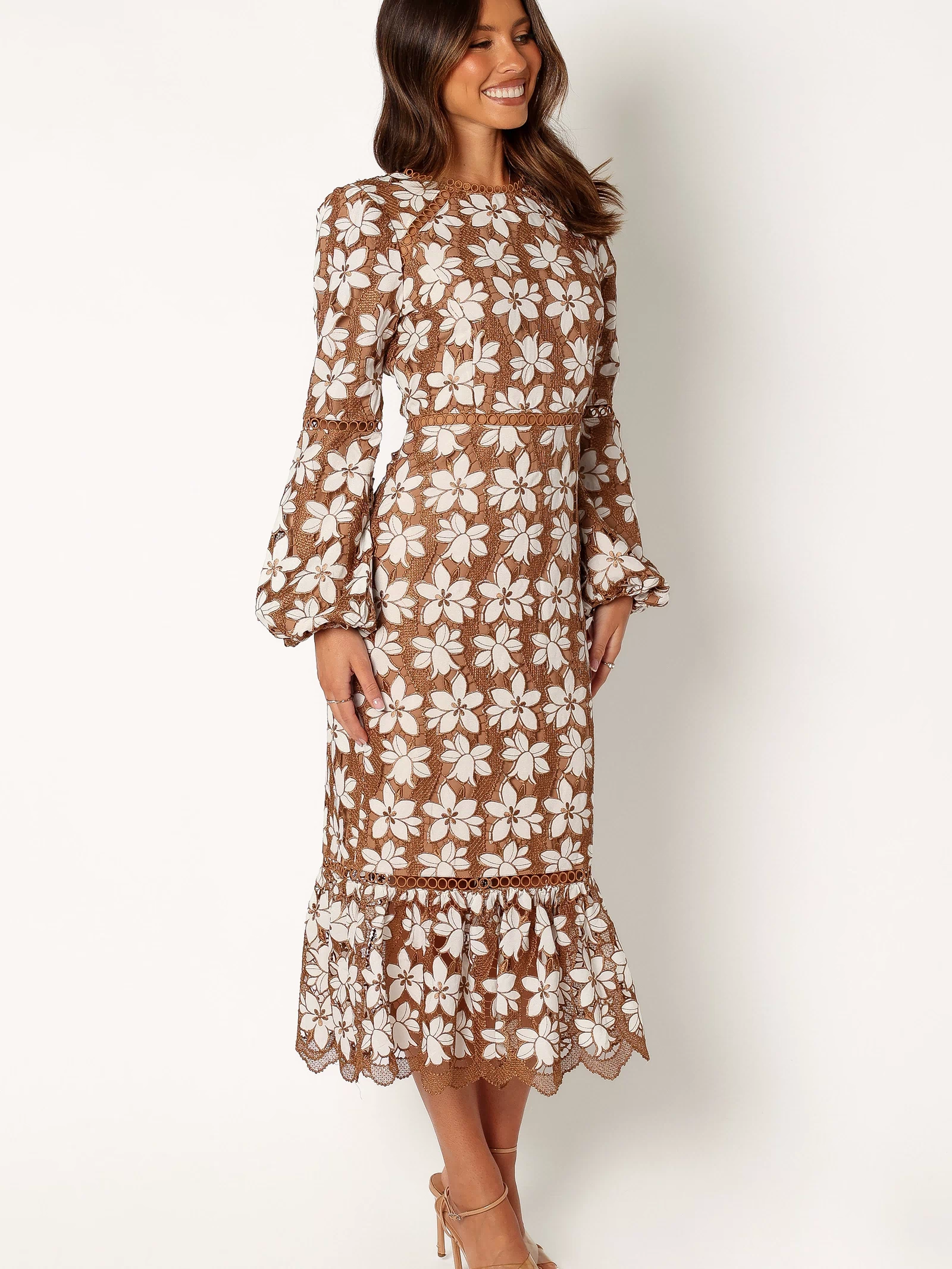 Petal and Pup USA DRESSES Pierre Long Sleeve Lace Maxi Dress - Mocha