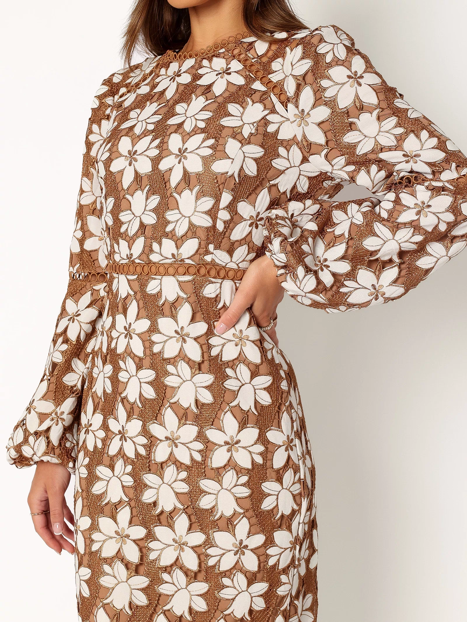 Petal and Pup USA DRESSES Pierre Long Sleeve Lace Maxi Dress - Mocha