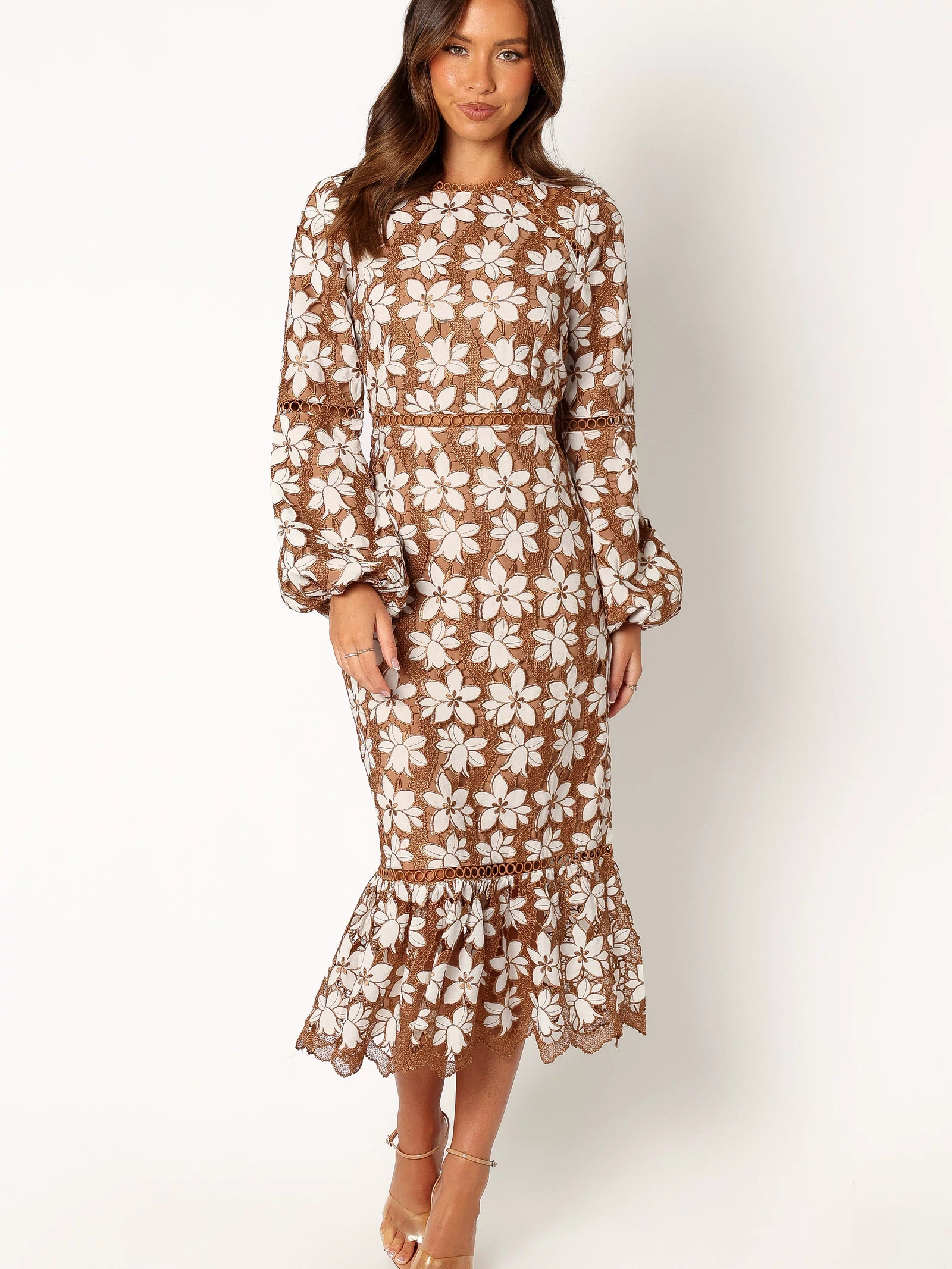 Petal and Pup USA DRESSES Pierre Long Sleeve Lace Maxi Dress - Mocha