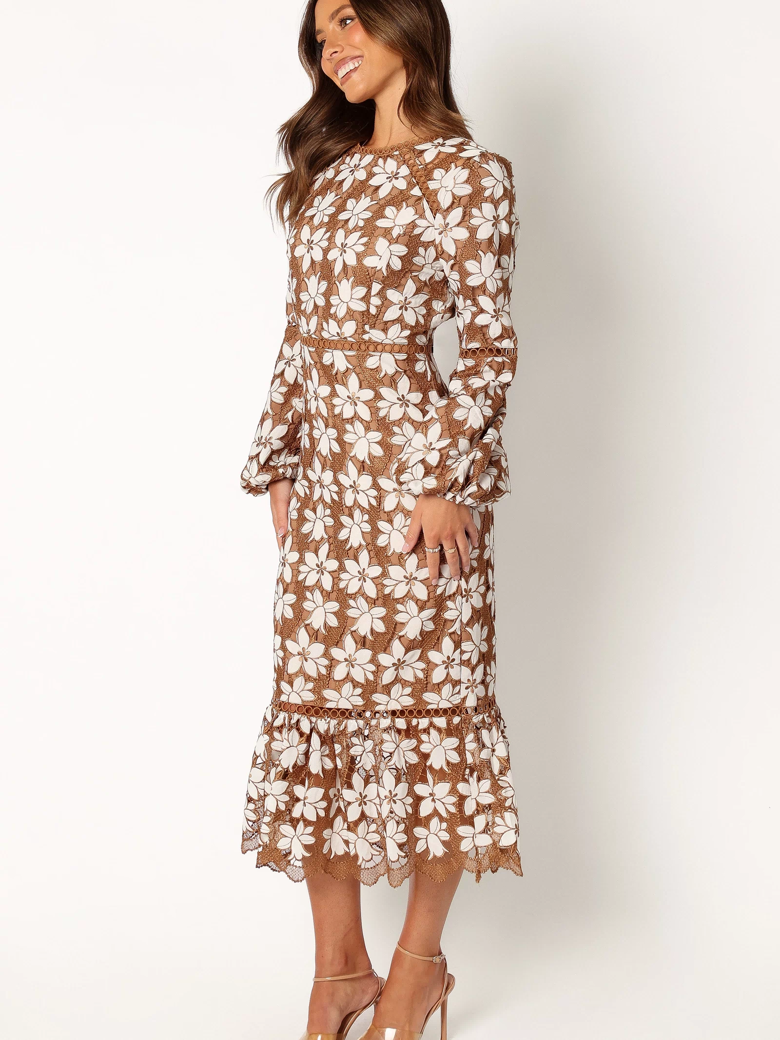 Petal and Pup USA DRESSES Pierre Long Sleeve Lace Maxi Dress - Mocha