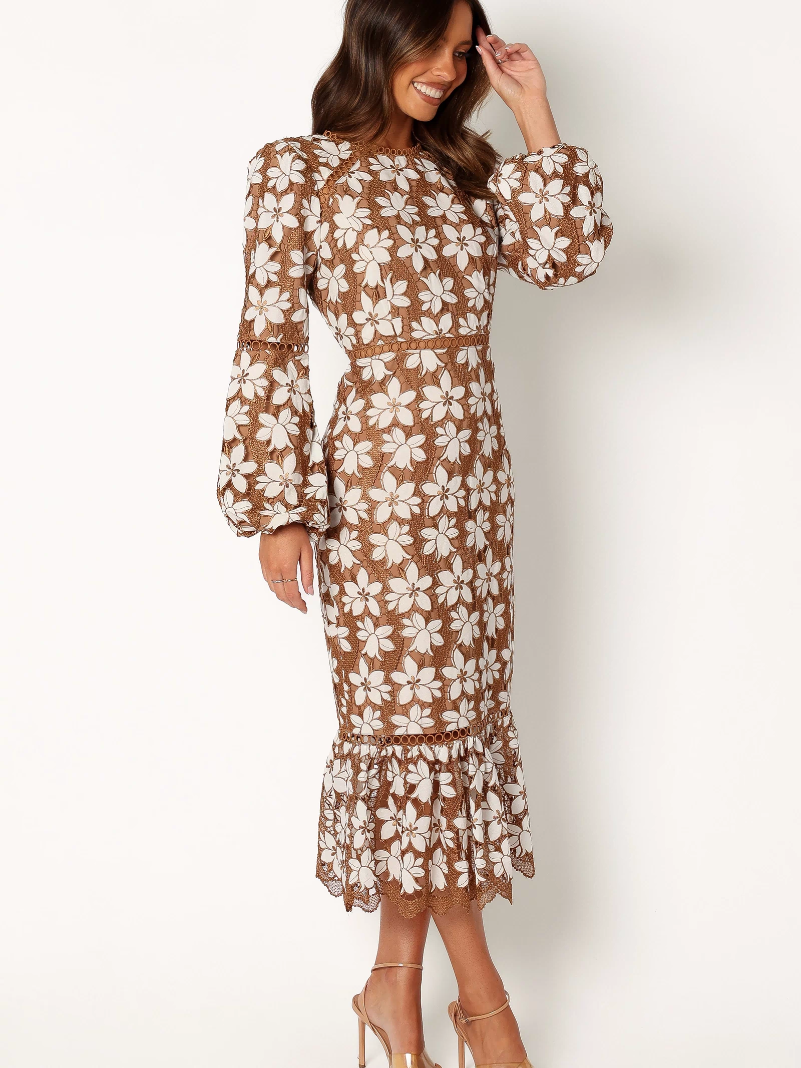 Petal and Pup USA DRESSES Pierre Long Sleeve Lace Maxi Dress - Mocha