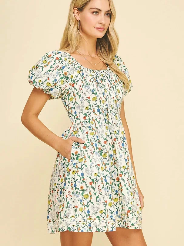 Pinch Floral Print Bubbled Sleeve Mini Dress
