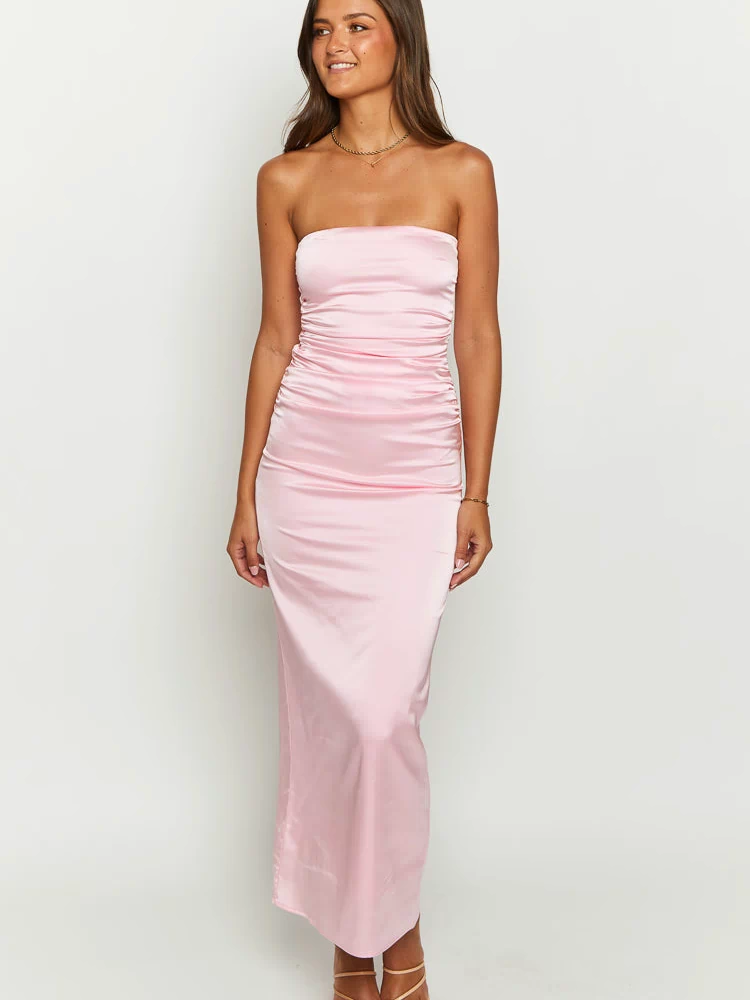 Pink satin strapless maxi dress with ruched side detailing and a fitted silhouette