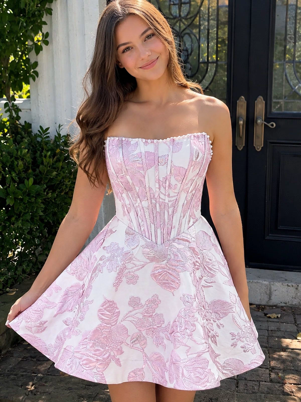 Pink Jacquard A-Line Strapless Corset Homecoming Dress With Pearl