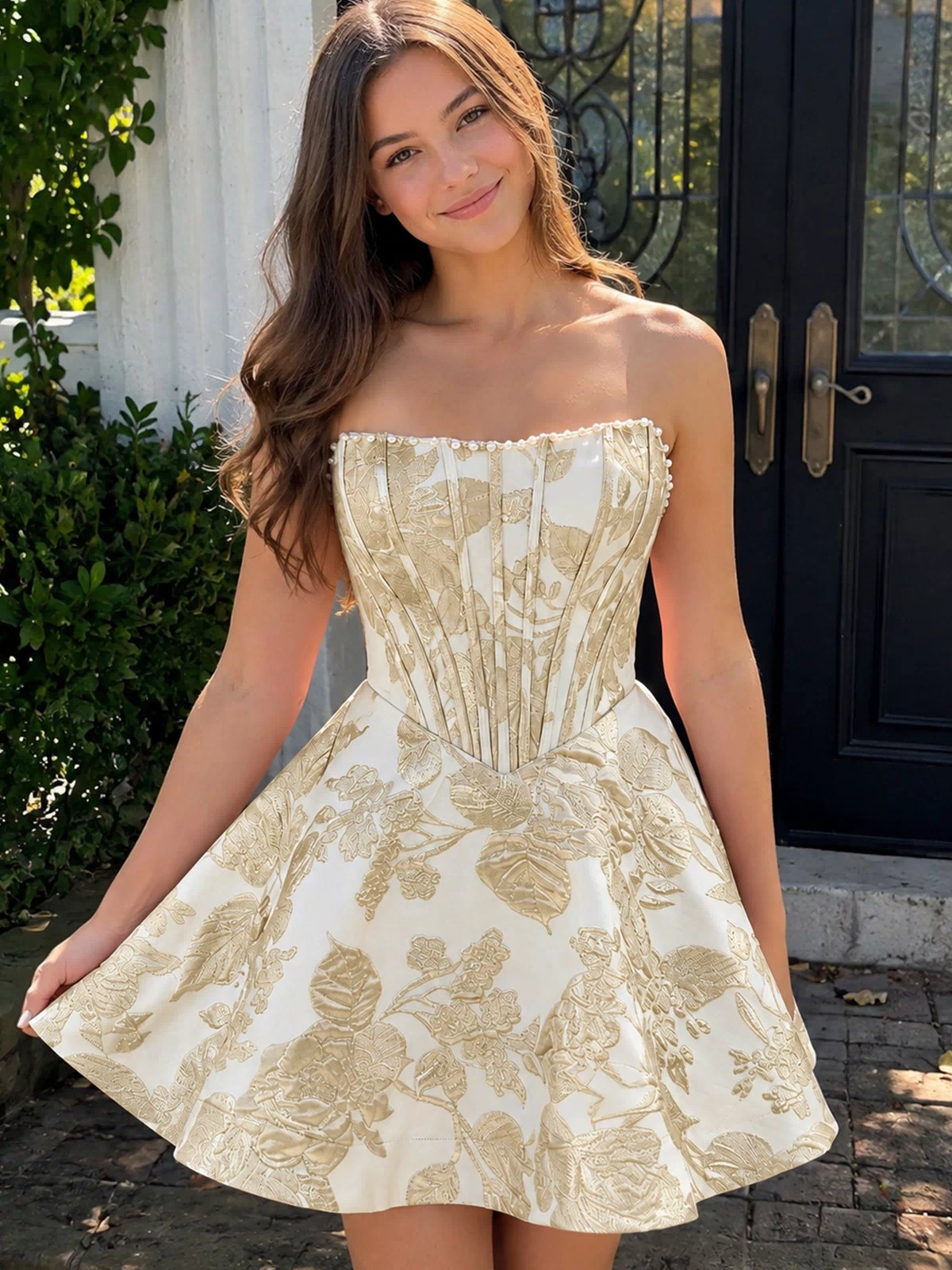 Yellow Jacquard A-Line Strapless Corset Homecoming Dress With Pearl | KISSPROM