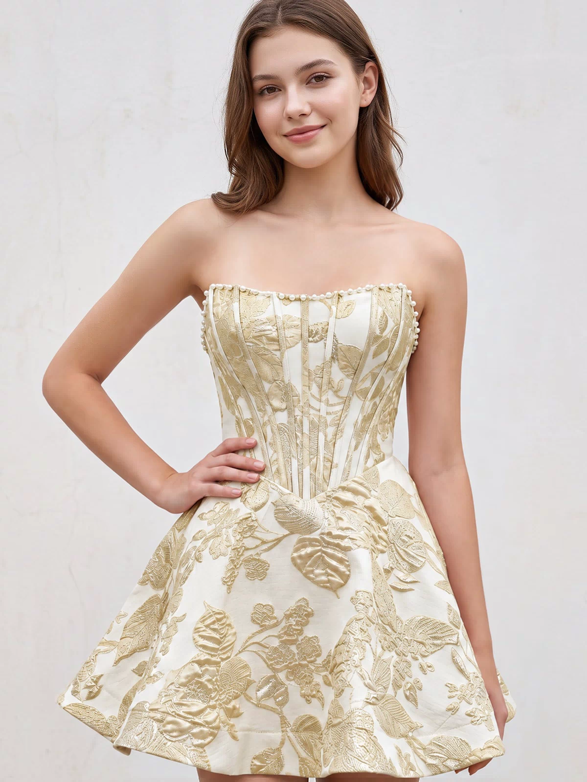 Yellow Jacquard A-Line Strapless Corset Homecoming Dress With Pearl | KISSPROM